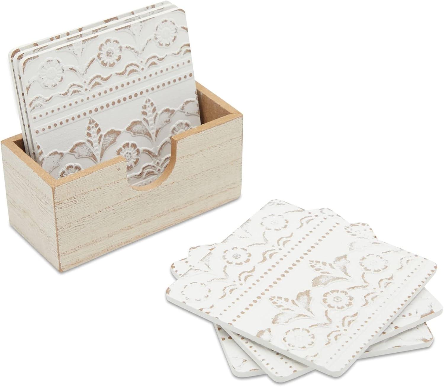 White Floral Wooden Coasters with Holder, Set of 6