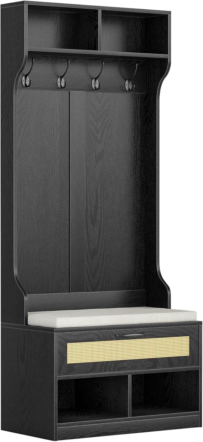 Anmytek Hall Tree with Bench and Shoe Storage, Entryway Coat Rack with 6 Compartments 4 Hooks & Rattan Door, Shoe Storage Bench with Soft Cushion for Hallway, Living Room, Mudroom