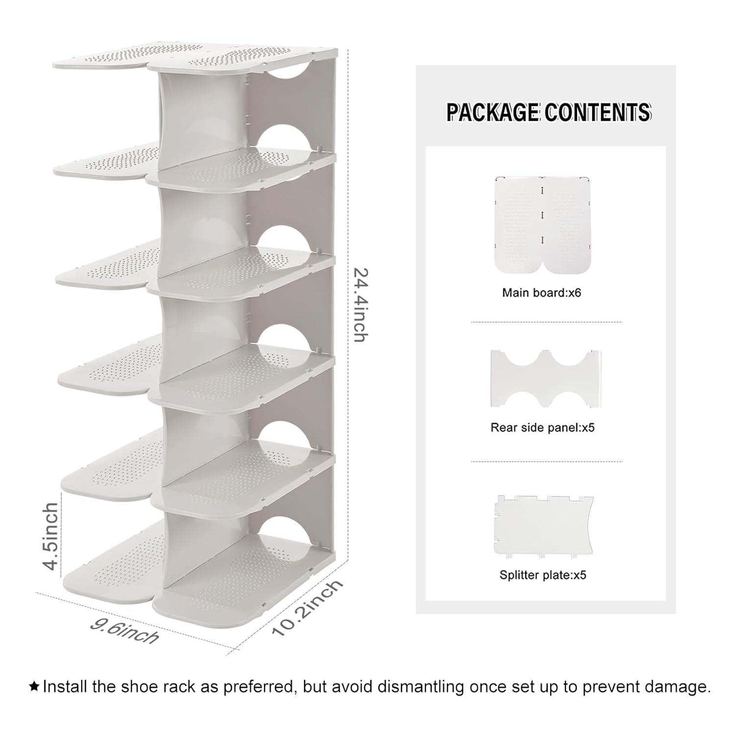 6-Tier Shoe Rack Storage Organizer, Adjustable Shoe Shelf, Free-Standing Space Saving Shoes Storage Stand for Entryway, Hallway, Closet, White