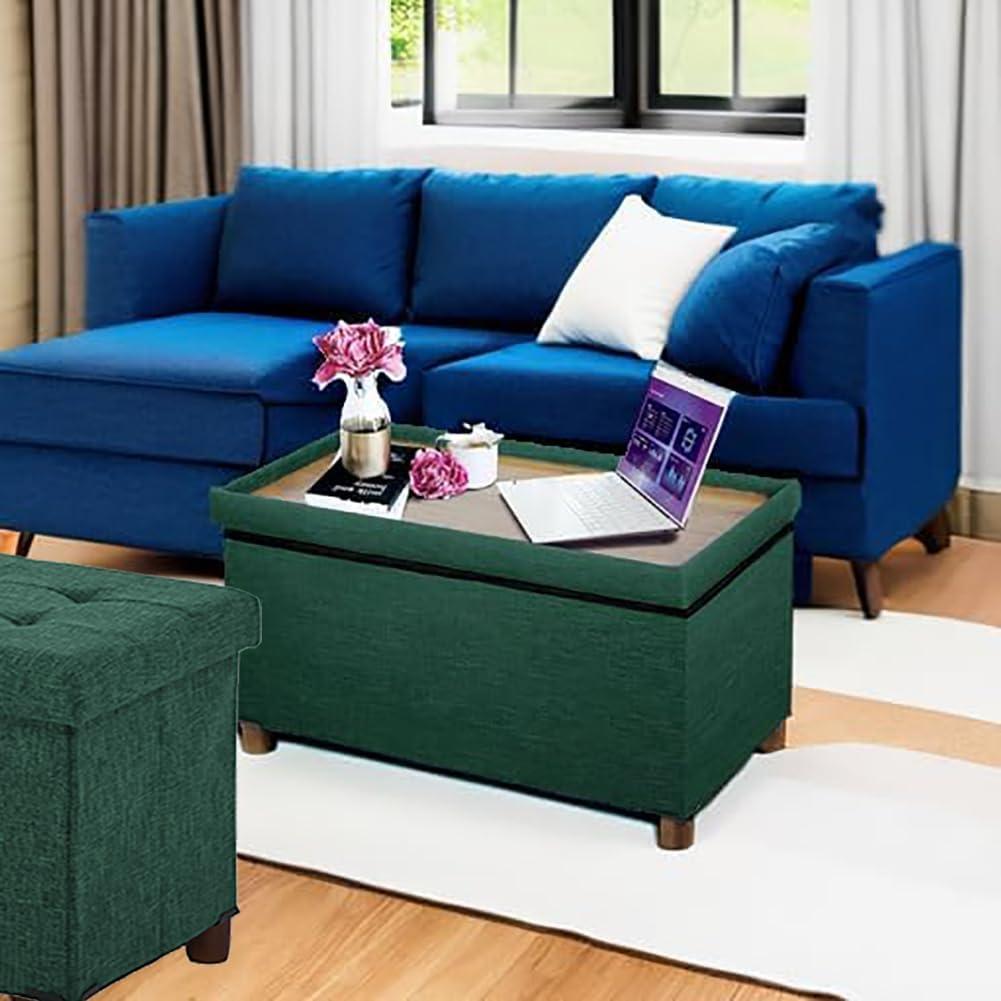 30 Inches Storage Ottoman Bench, Storage Bench with Wooden Legs for Living Room Ottoman Foot Rest Removeable Lid for Bedroom End of Bed, Linen Fabric Green Color