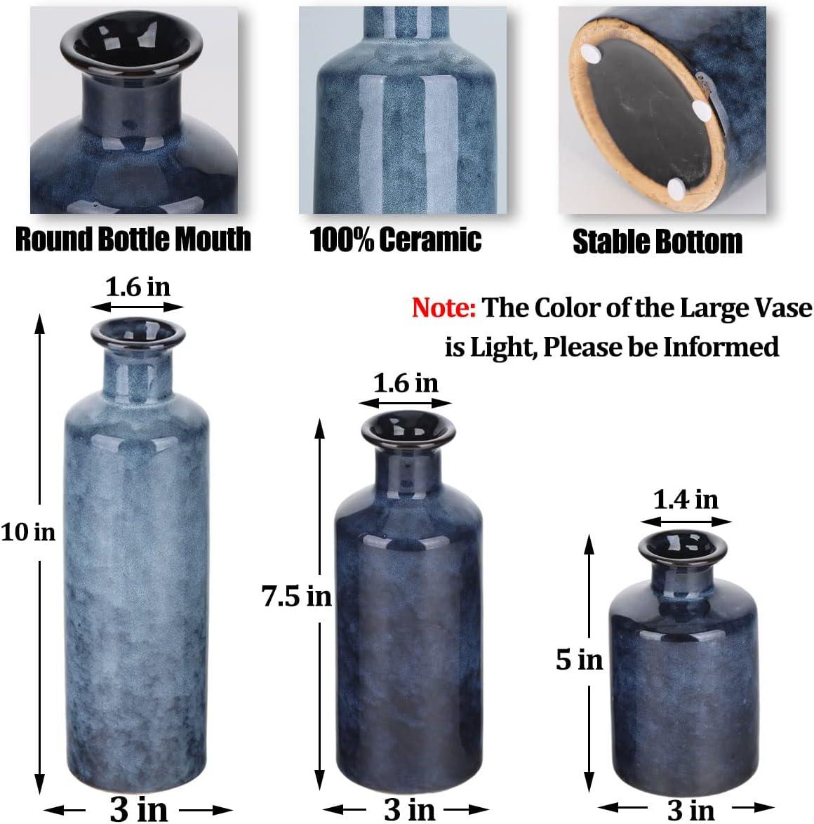 Blue Ceramic Vase Set for 3 - Modern Waterproof Small Vases, Farmhouse Country Home Decor, Living Room, Table, Fireplace, and Entrance Centerpieces