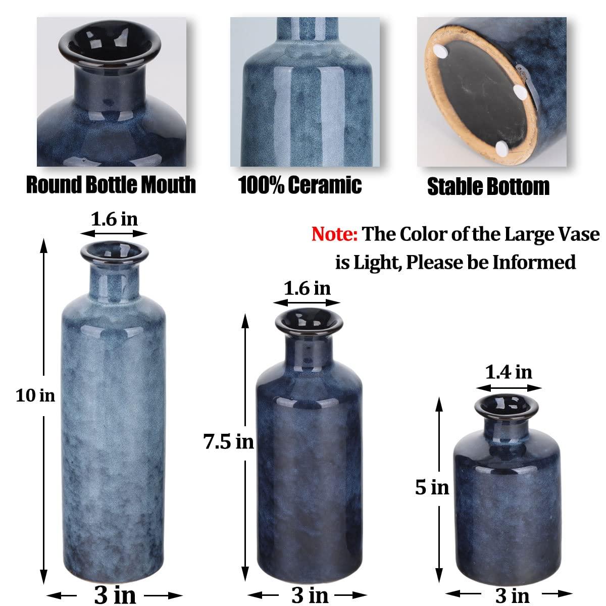 Blue Ceramic Vase Set for 3 - Modern Waterproof Small Vases, Farmhouse Country Home Decor, Living Room, Table, Fireplace, and Entrance Centerpieces