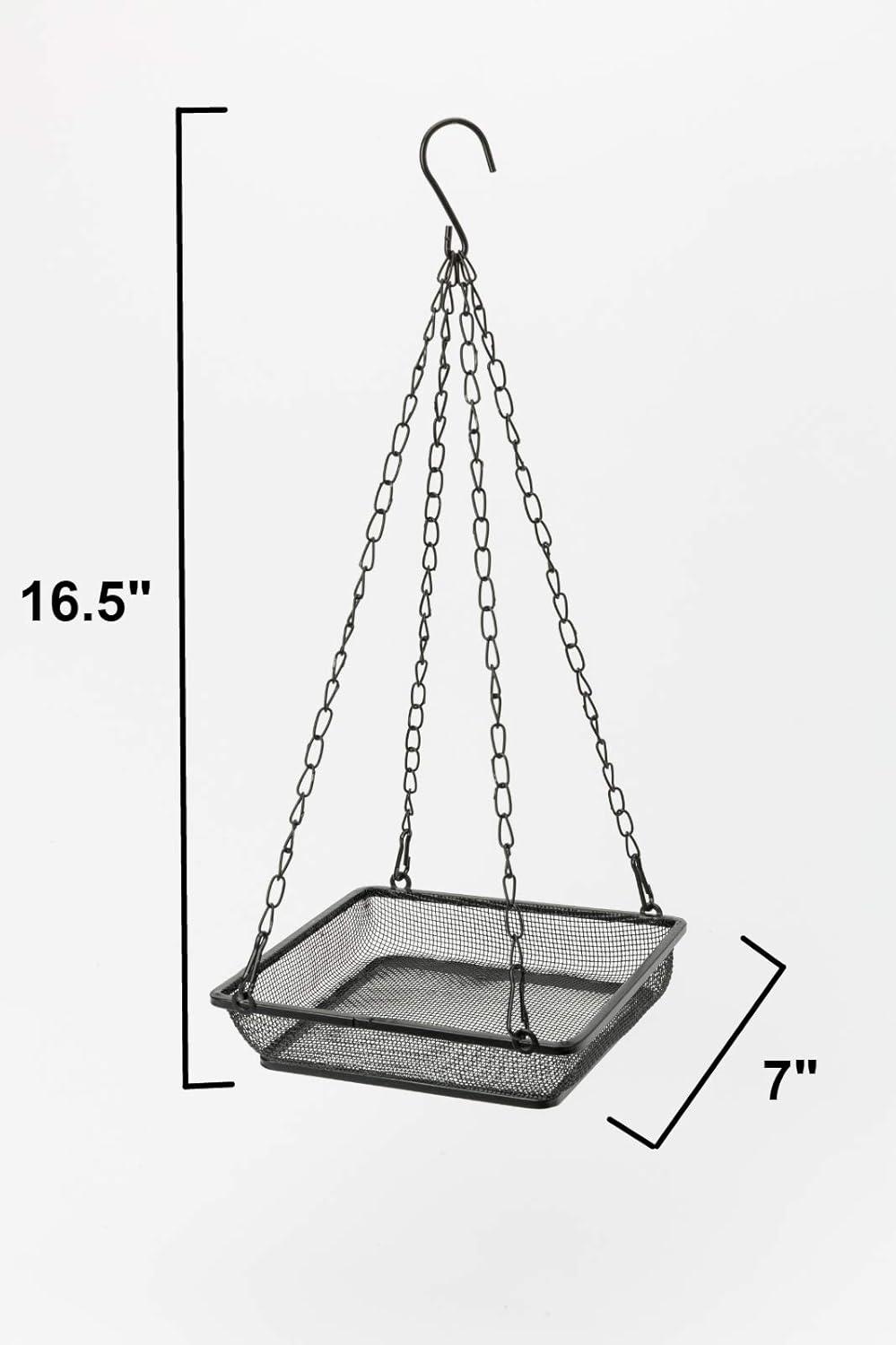 Black Metal Hanging Bird Feeder Tray with Mesh Platform