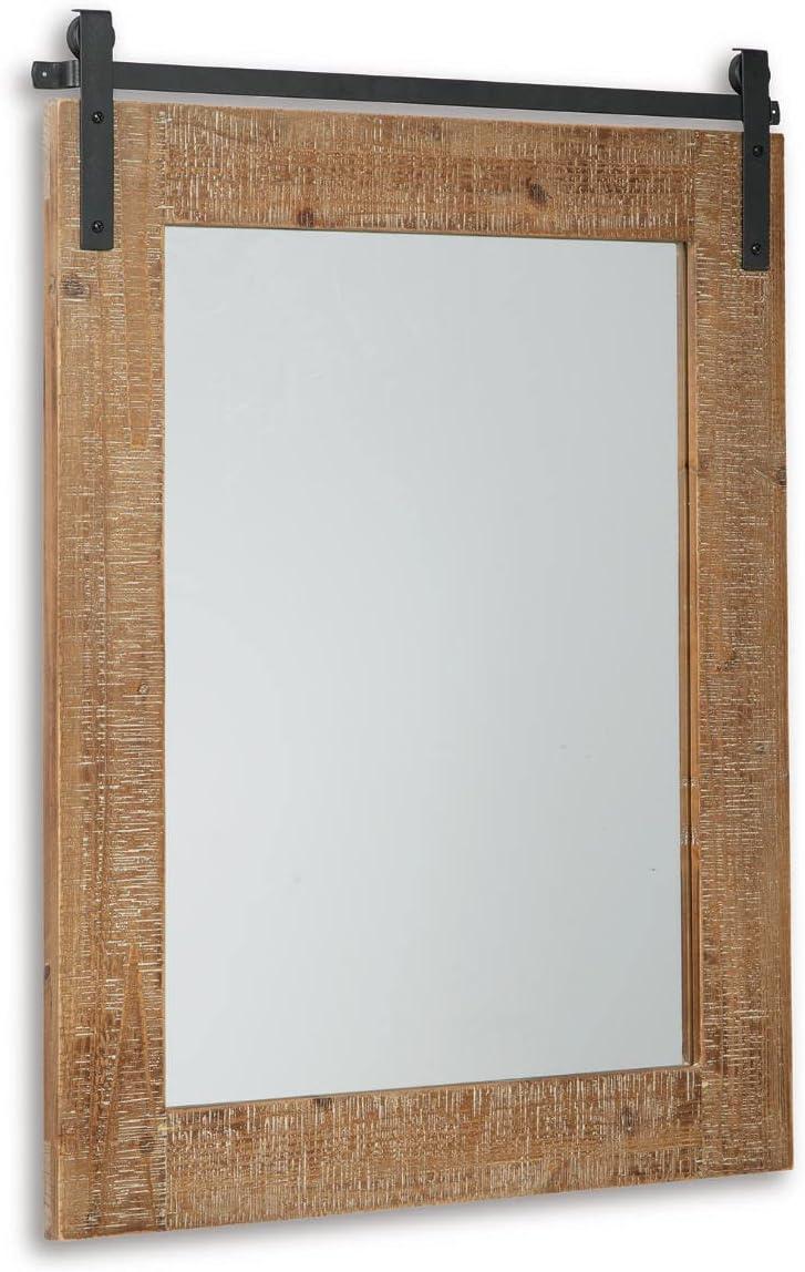 Antique Brown Rough Sawn Wood Accent Mirror with Metal Barn Door Track