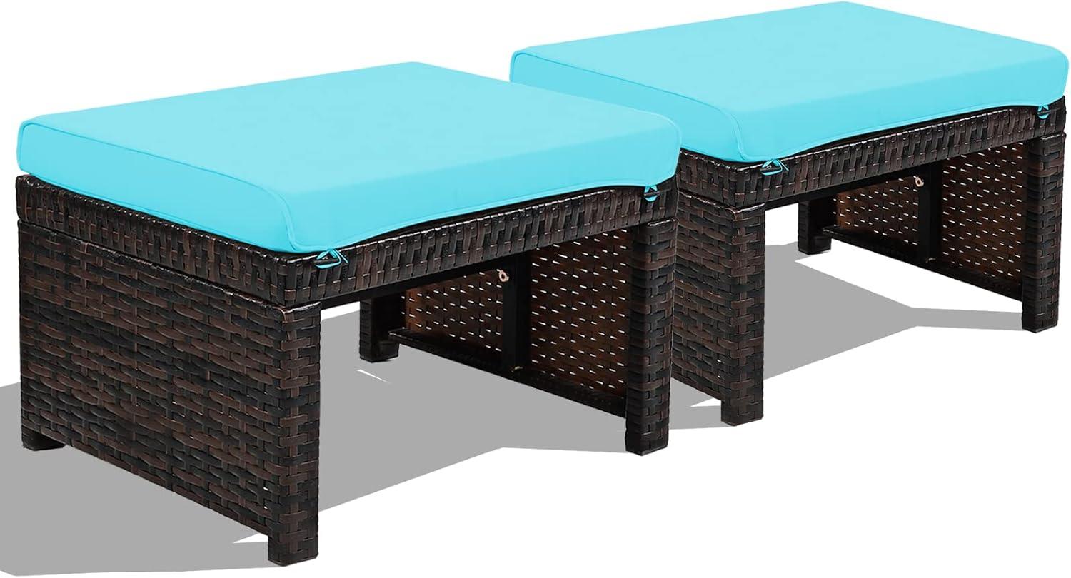 Tangkula 2 PCS Outdoor Wicker Ottoman Patio Rattan Furniture Metal Footrest Seat Square Footstool with Cushion Turquoise