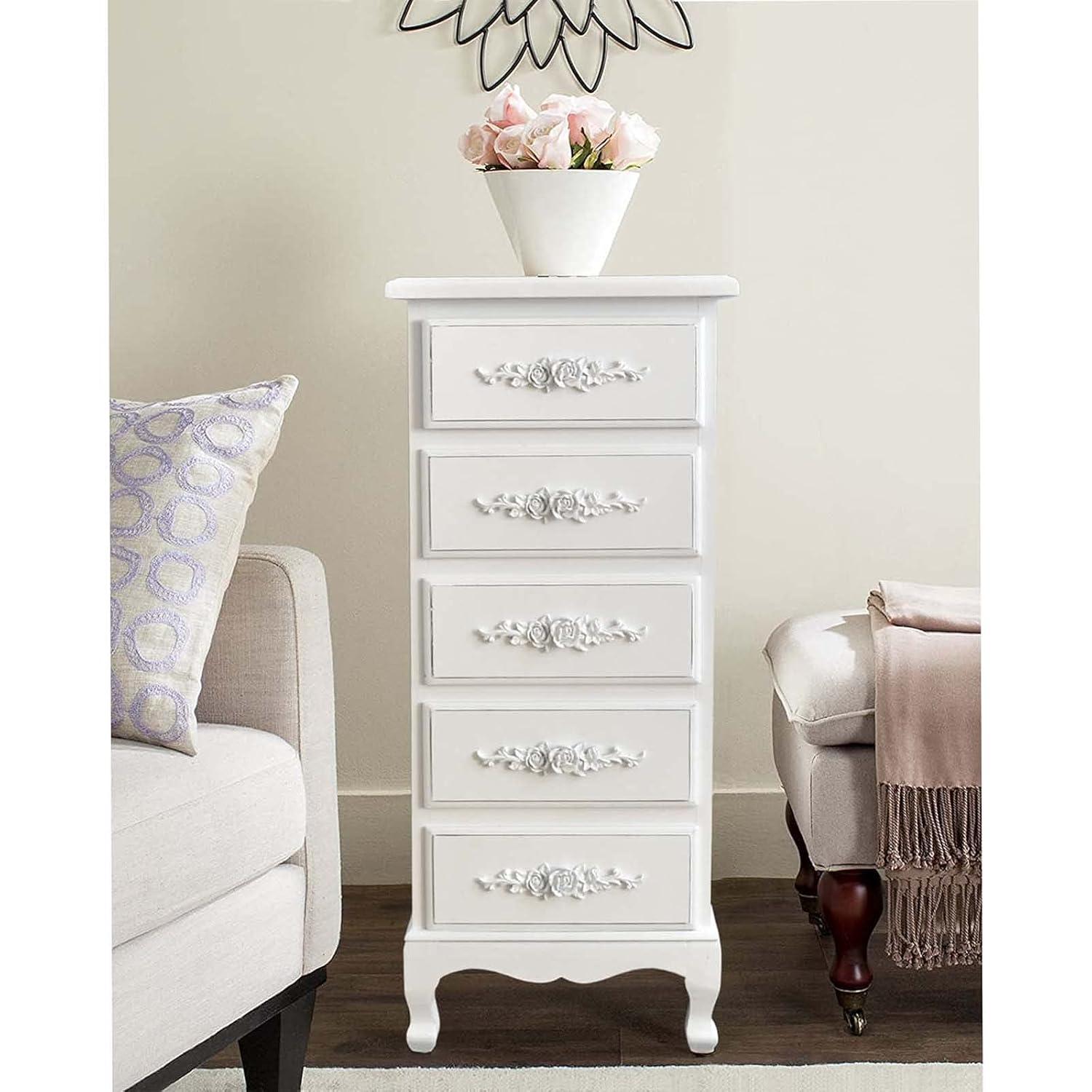 Fully Assembled White Lingerie Dresser, Tall Skinny Chest, Wood Nightstand for Bedroom, Girls Dresser, Antique Furniture, Baby Nursery Storage, Free Standing Jewelry Organizer with Queen Anne Legs