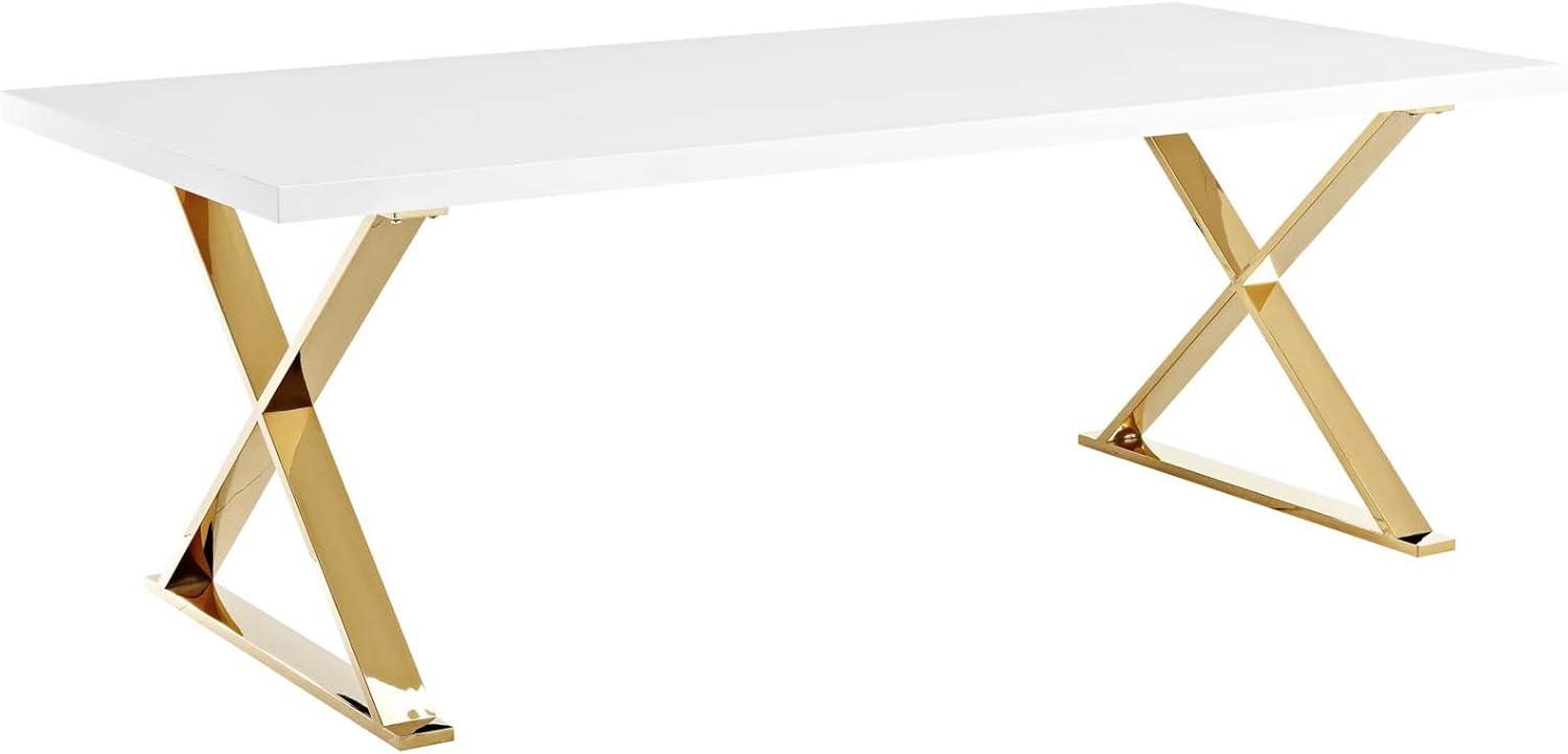 Contemporary White Gold 86.5" Fiberboard Dining Table with Gold X-Base