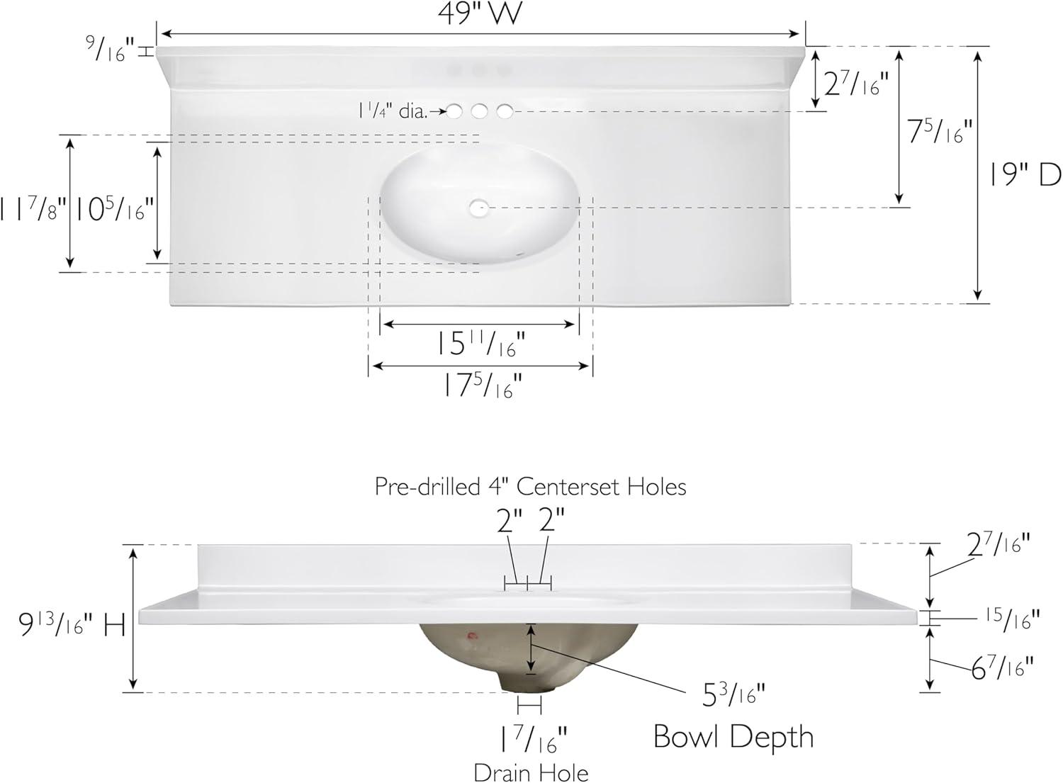 Solid White 49" Cultured Marble Vanity Top with Integrated Sink