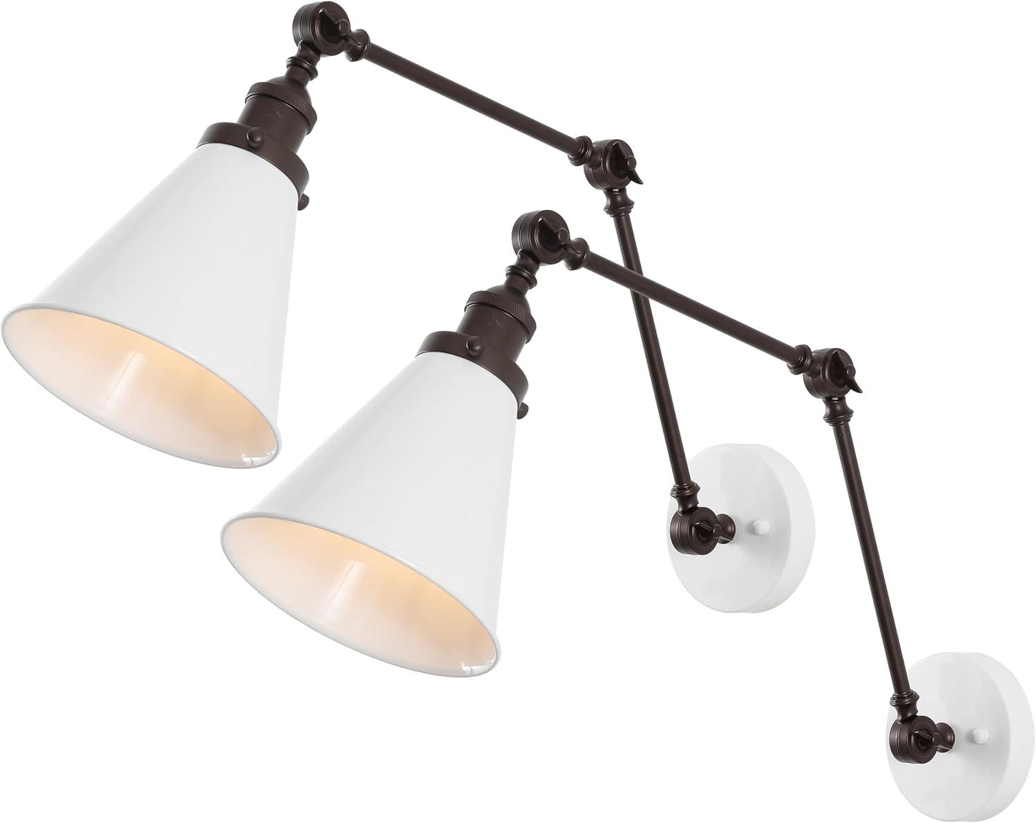 JONATHAN Y Rover 7" Classic Industrial Metal Adjustable Arm LED Wall Sconce, White/Oil Rubbed Bronze (Set of 2)
