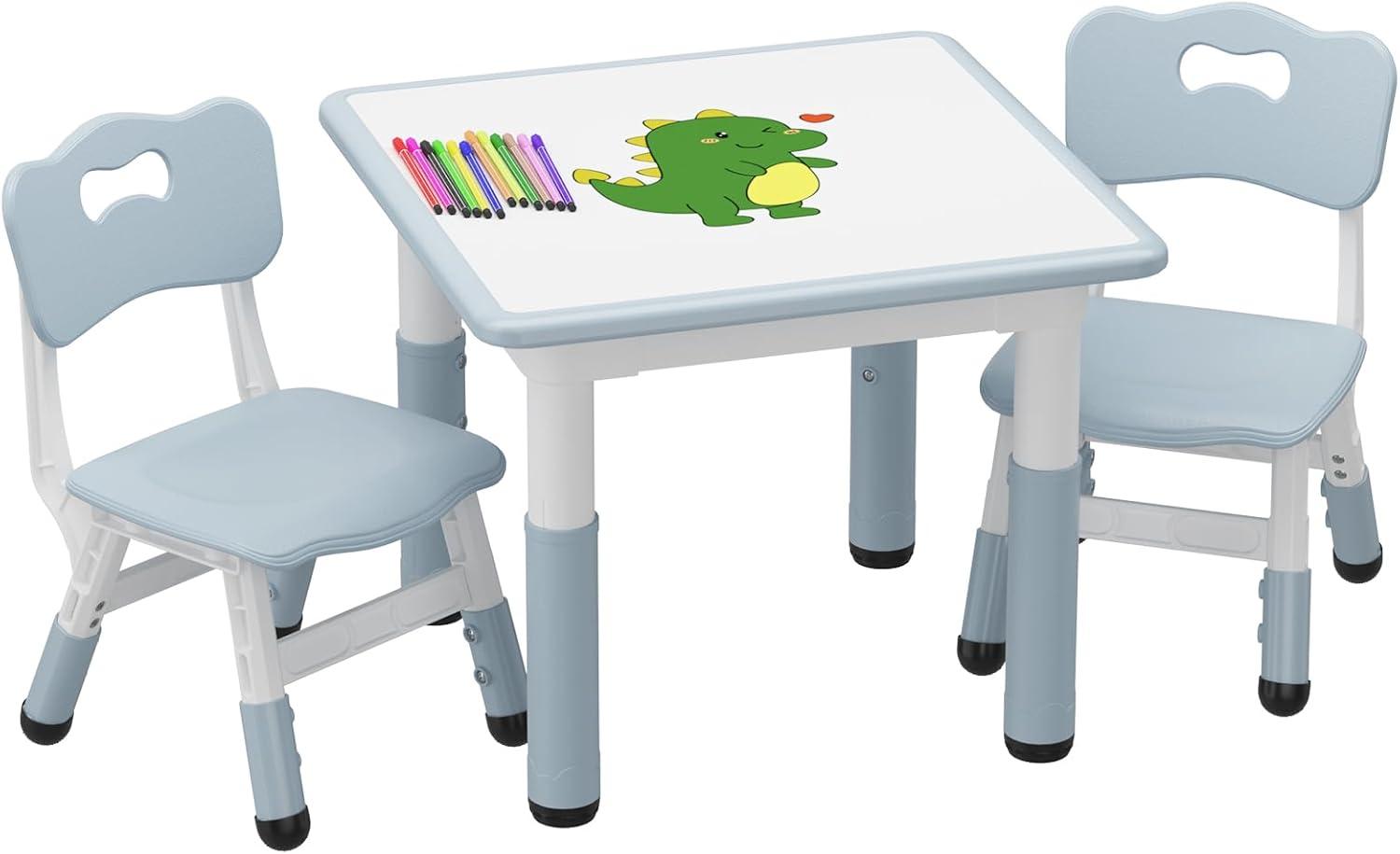RONIPIC Height Adjustable Toddler Table and 2 Chairs Set with Graffiti Desktop, Kids Table and Chairs Set, Non-Slip Legs, Kids Activity Table for Home, Nursery, Blue