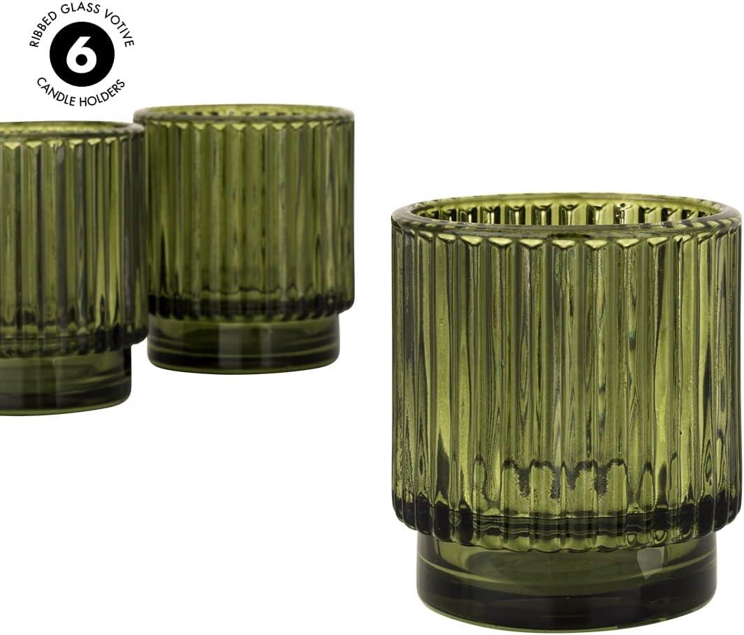 Koyal Wholesale Olive Green Ribbed Glass Votive Candle Holders - Aesthetic Decor & Candle Holders Table Décor, Pack of 6