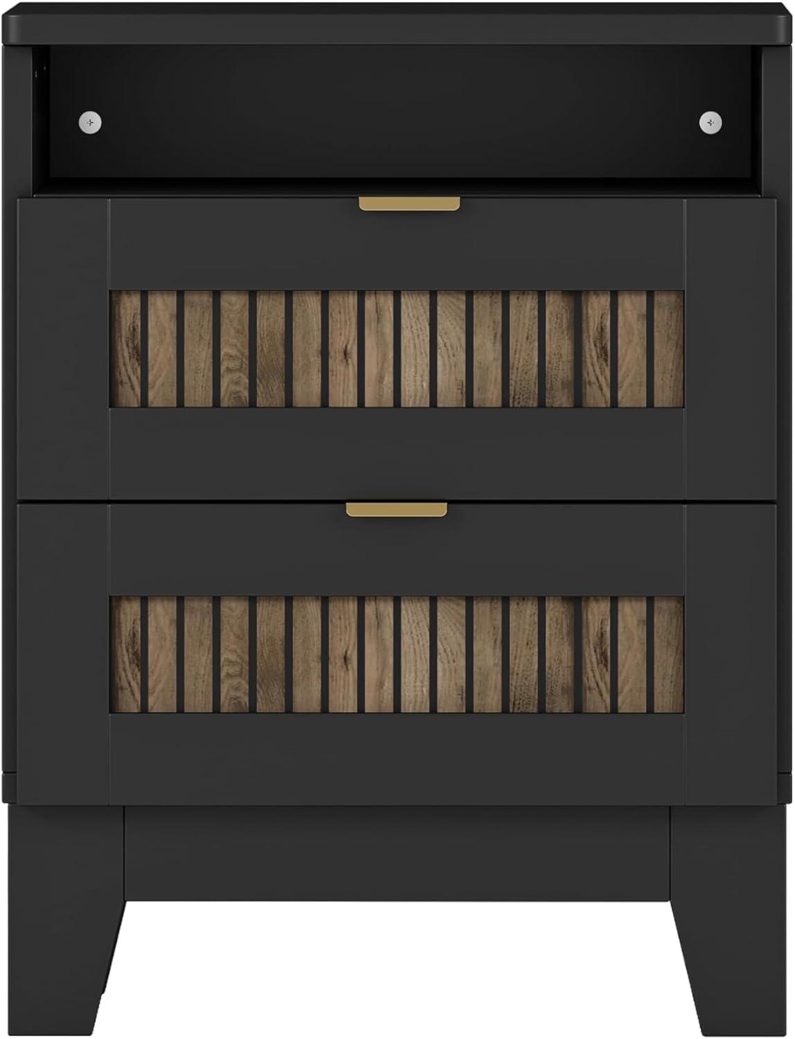 4 Pieces Bedroom Sets Queen Size Farmhouse Platform Bed with Wooden Strip Decoration, 2 Storage Nightstands and A 6-Drawer Dresser with Metal Handle for Kids Teens Adults - Black