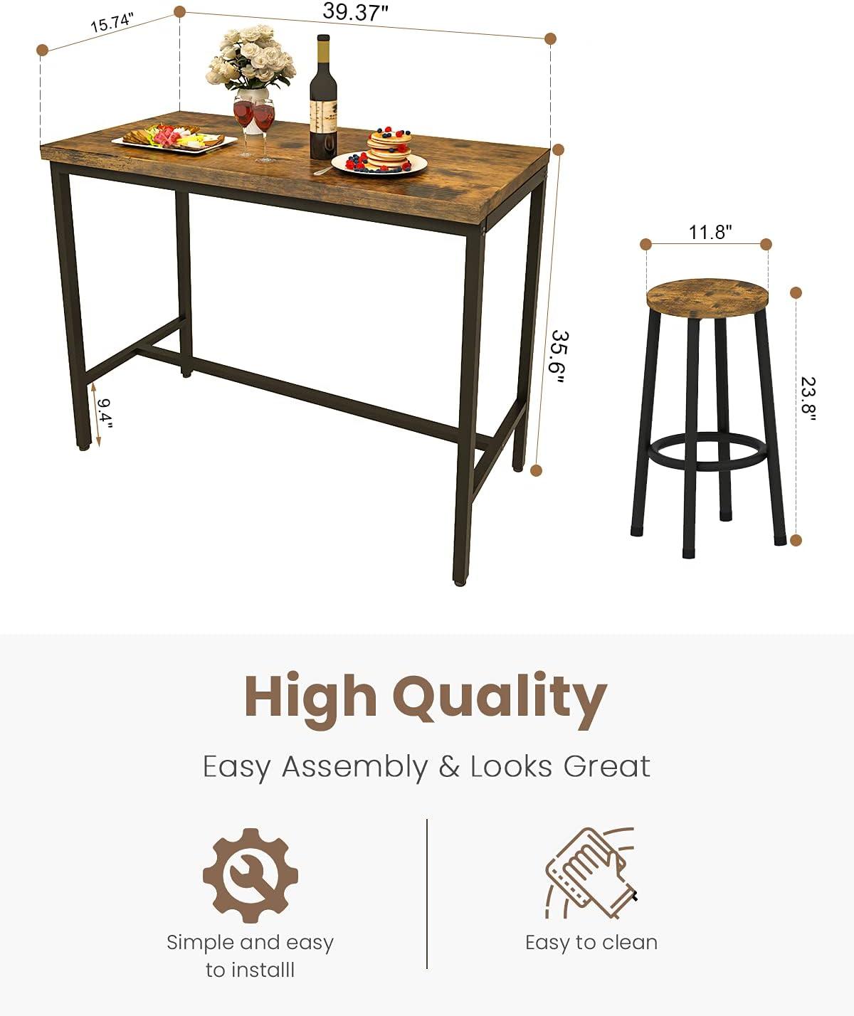 Recaceik Bar Table Set-3PCS Kitchen Counter-Dining Table with 2 Stools, for Home-Farmhouse-Restaurant-Cafe-Kitchen-Dining, Artificial Wood Top & Sturdy Steel Frame, Rustic Brown