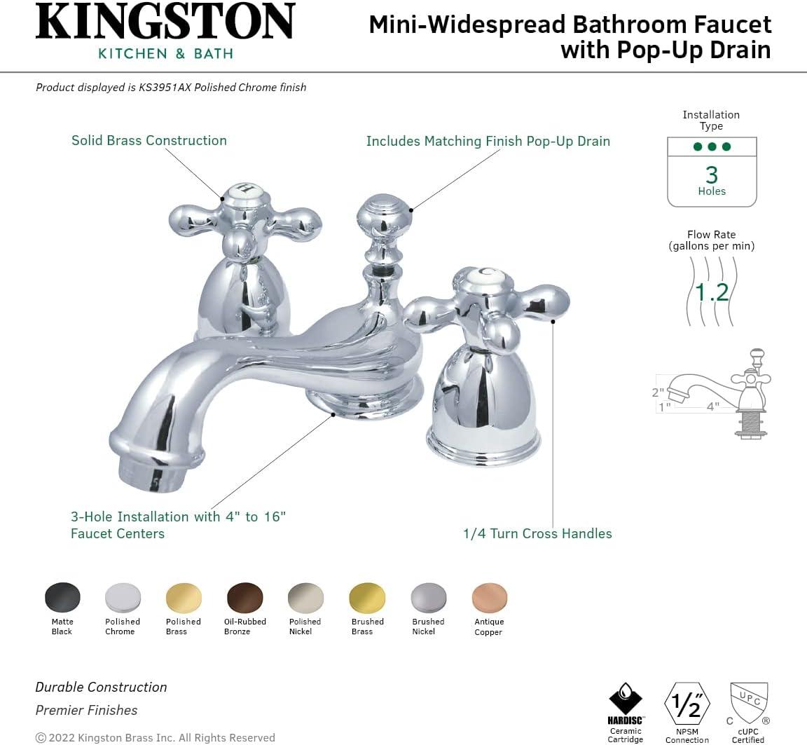 Kingston Brass KS3955AX Two Handle 4 in. to 8 in. Mini Widespread Lavatory Faucet with Brass Pop-up