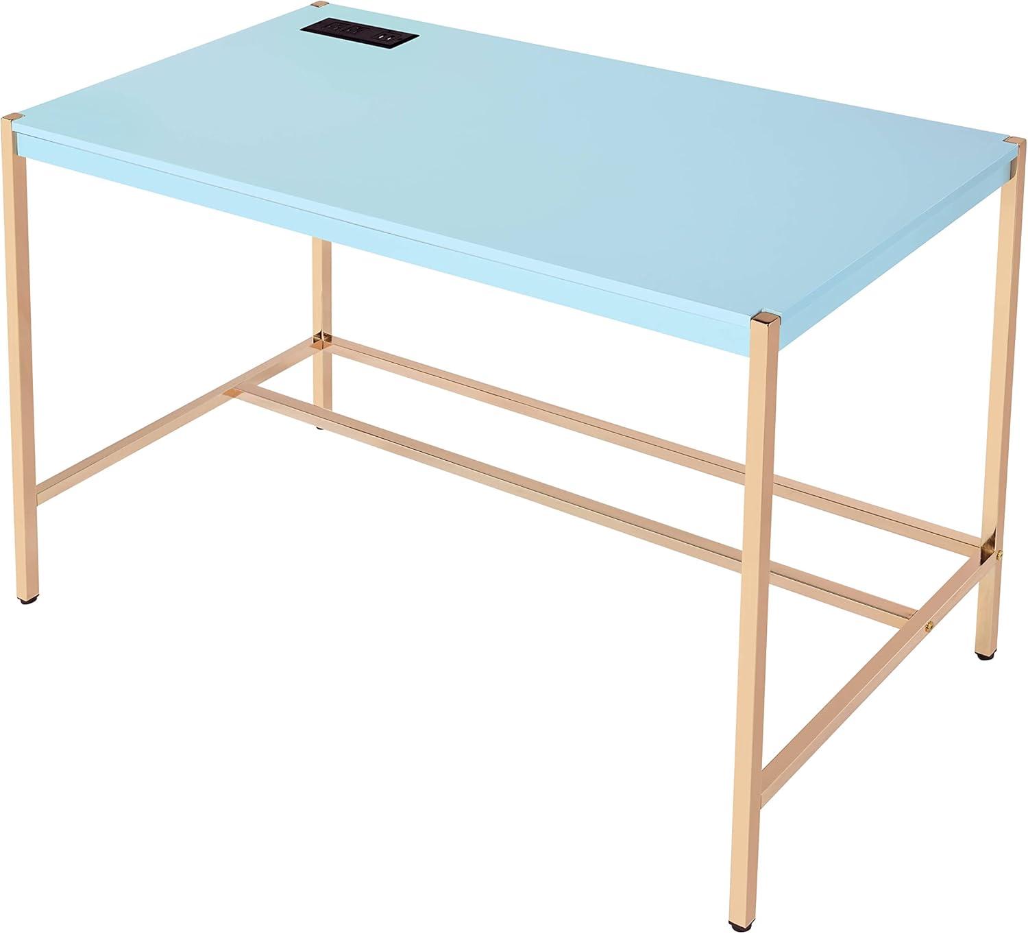 42" Midriaks Writing Desk Baby Blue/Gold Finish - Acme Furniture: Chic Office Furniture with USB Ports