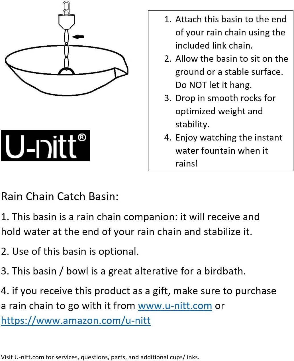U-nitt 12" Anchoring Basin/Bowl/Dish for Gutter Rain Chain, Spill Bowl for Fountain, with Scupper, Birdbath Alternative, with Attachment Chain, Black Powder Coated with Patina, 972PA
