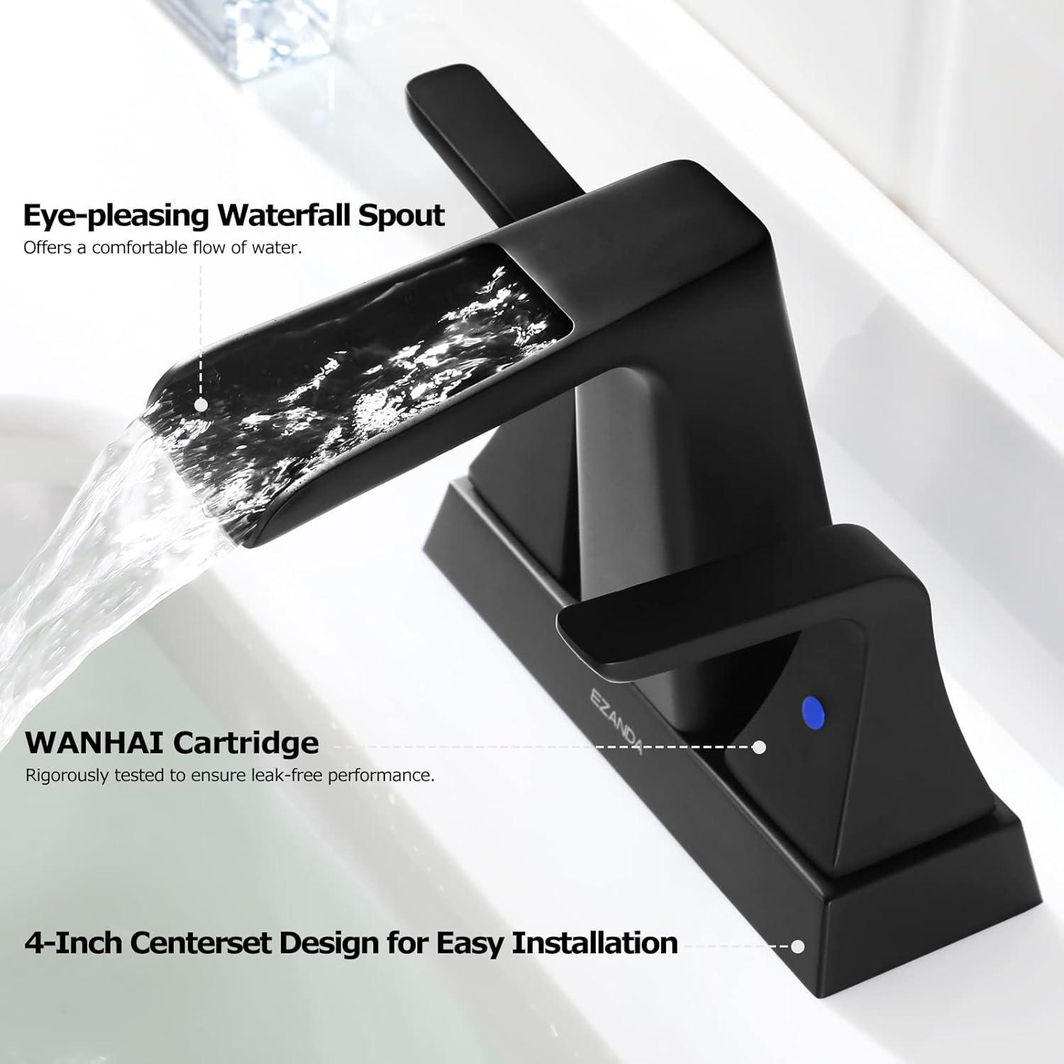 Matte Black 4-Inch Brass Waterfall Bathroom Faucet with Pop-up Drain