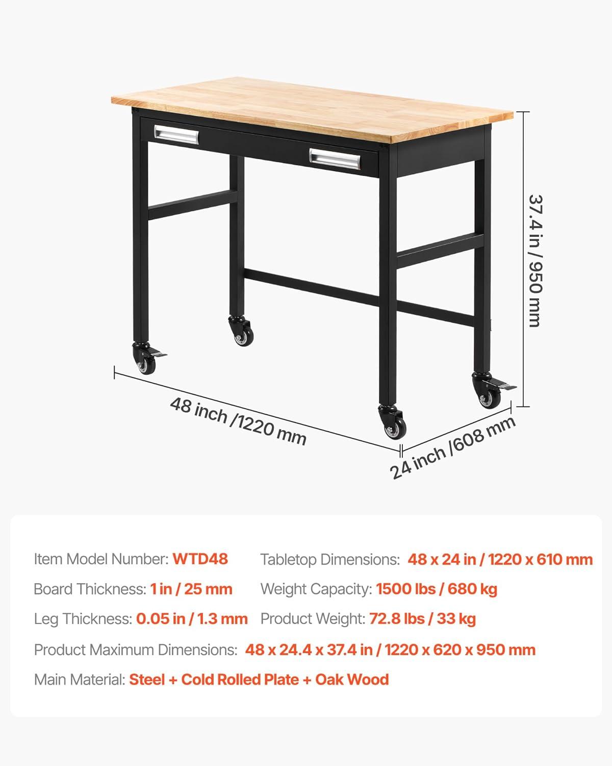 VEVOR Workbench, 48-inch Garage Workbench with Drawer Storage & Wheels, 1500 lbs Load Capacity Workshop Bench on Wheels, Heavy Duty Oak Wood Top Work Table for Garage, Workshop, Office, and Home
