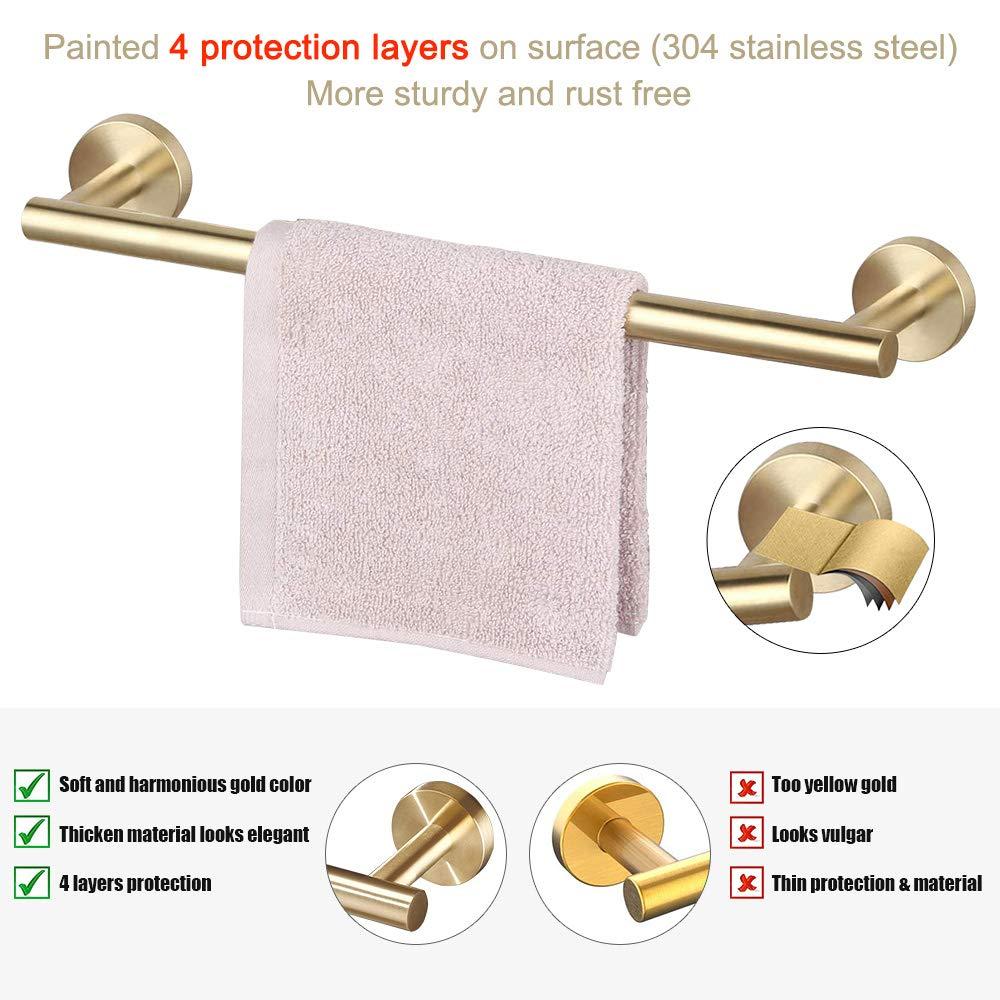 5 PCS Bathroom Hardware Set SUS304 Stainless Steel-Towel Rack Set Include Lengthen Hand Towel Bar+Toilet Paper Holder+3 Robe Towel Hooks Bathroom Accessories Towel Bar Set (Brushed Gold, 16IN)