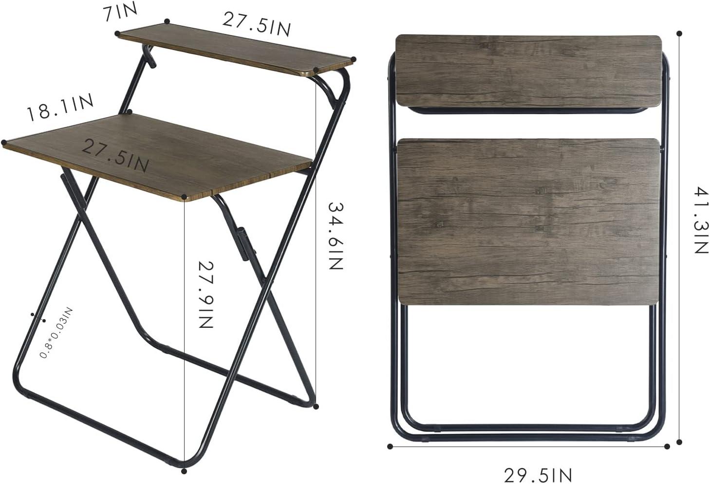 Folding Home Office Desk & Chair & Storage Shelf Sets, No Assembly Required - 29.5-Inch Study Workstation Writing Desk, 2-Tier Storage Rack Organizer Corner Shelf Bookcase, Small Stool Chair, Brown