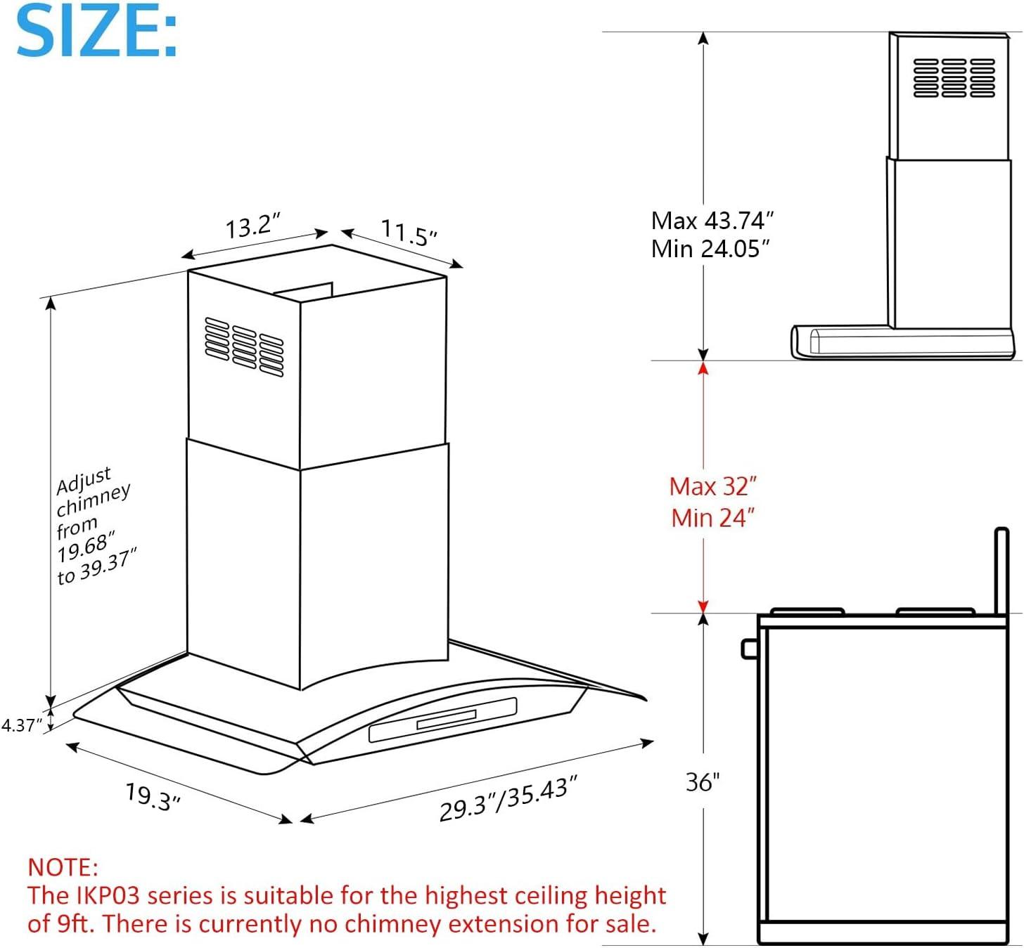 IKTCH 30-Inch Stainless Steel Wall Mount Range Hood with Tempered Glass