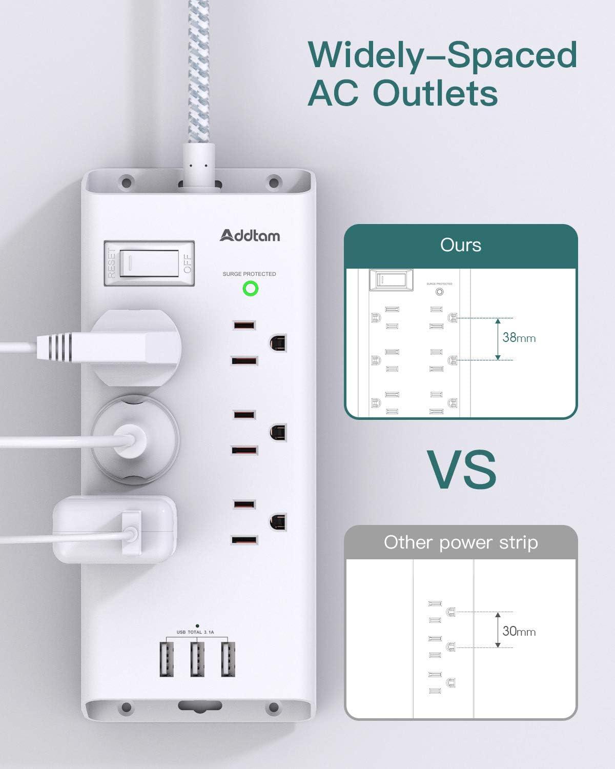 White 5ft Power Strip with 6 Outlets and 3 USB Ports