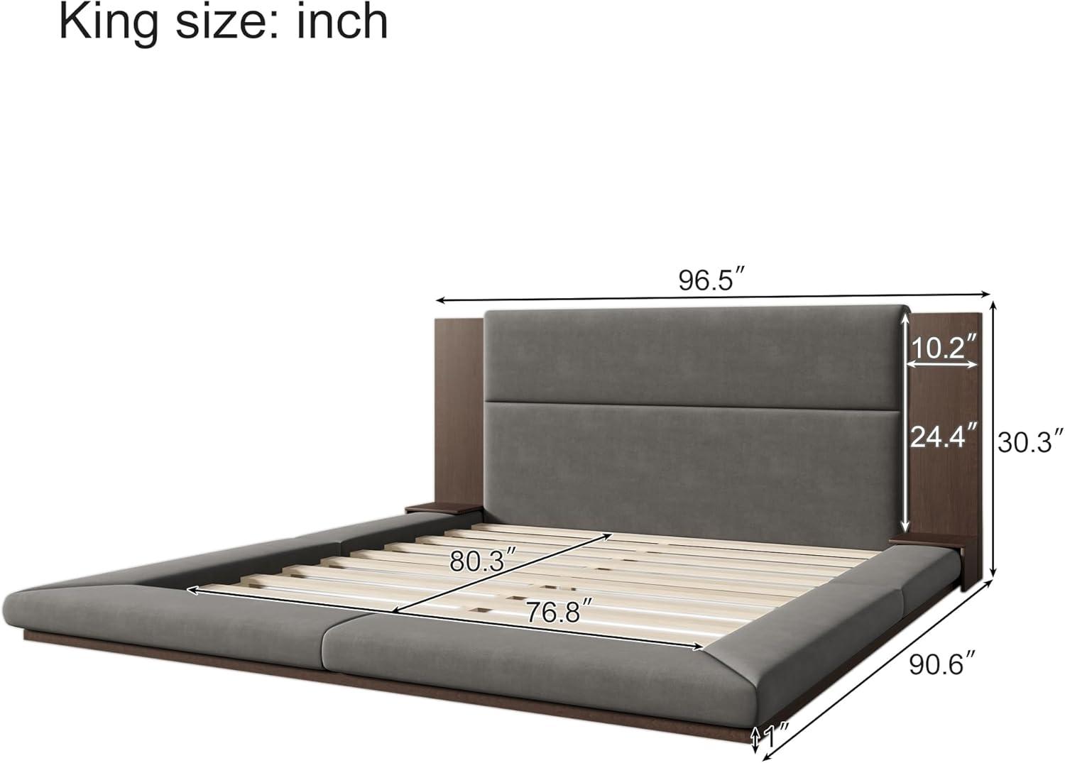 King Size Floor Upholstered Platform Bed with Extended Wood Headboard & Bedside Shelf, No Box Spring Needed, Easy to Assemble (Gray, King)