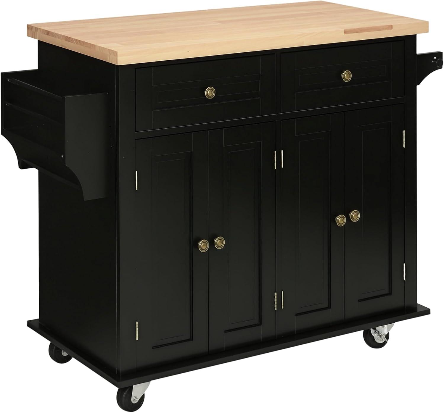 HOMCOM Kitchen Island on Wheels, Rolling Cart with Rubber Wood Top, Spice Rack, Towel Rack & Drawers for Dining Room, Black