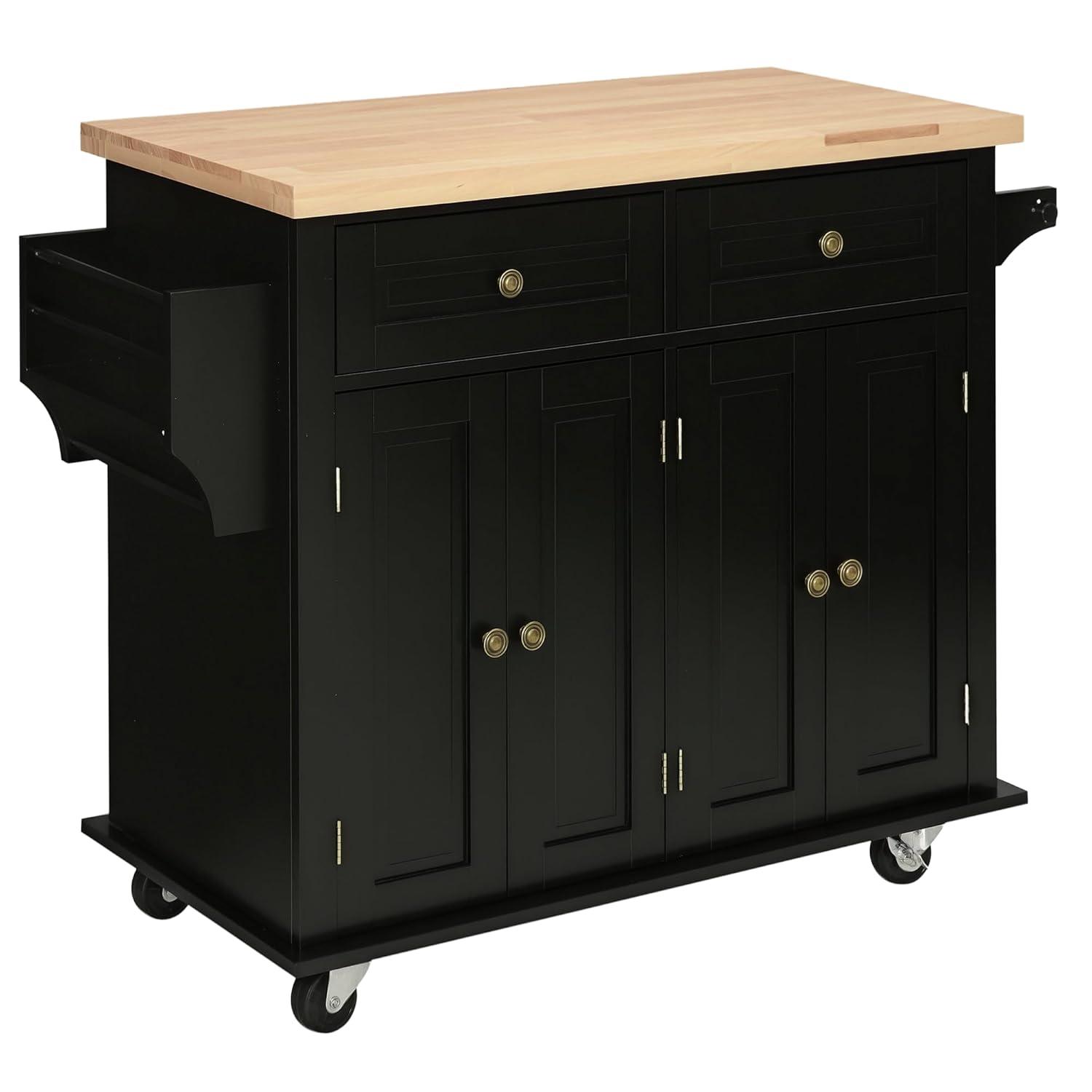 HOMCOM Kitchen Island on Wheels, Rolling Cart with Rubber Wood Top, Spice Rack, Towel Rack & Drawers for Dining Room, Black