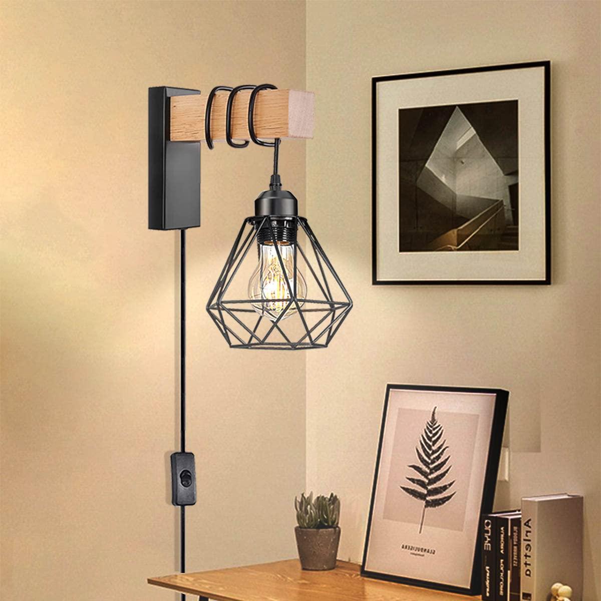 Plug in Wall Sconces Set of 2 with 6 FT On/Off Switch Cord, Wall Light Fixtures Black Industrial Farmhouse Indoor Wall Latern For Bedroom Living Room