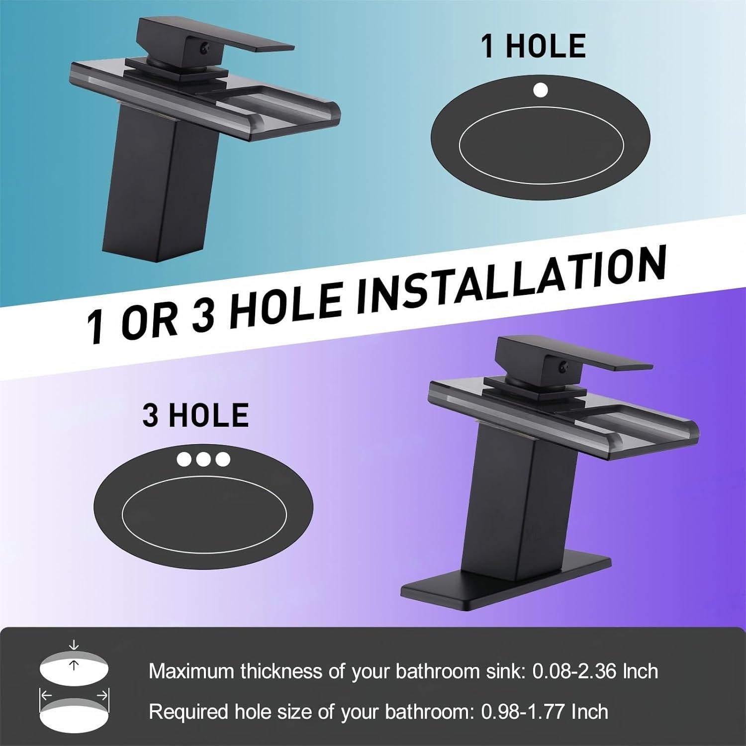 LED Bathroom Sink Faucet, Matte Black Waterfall Single Handle Vanity Faucets for Sinks 1 Hole with Metal Pop Up Drain and 2 Water Supply Lines, Open Glass Spout