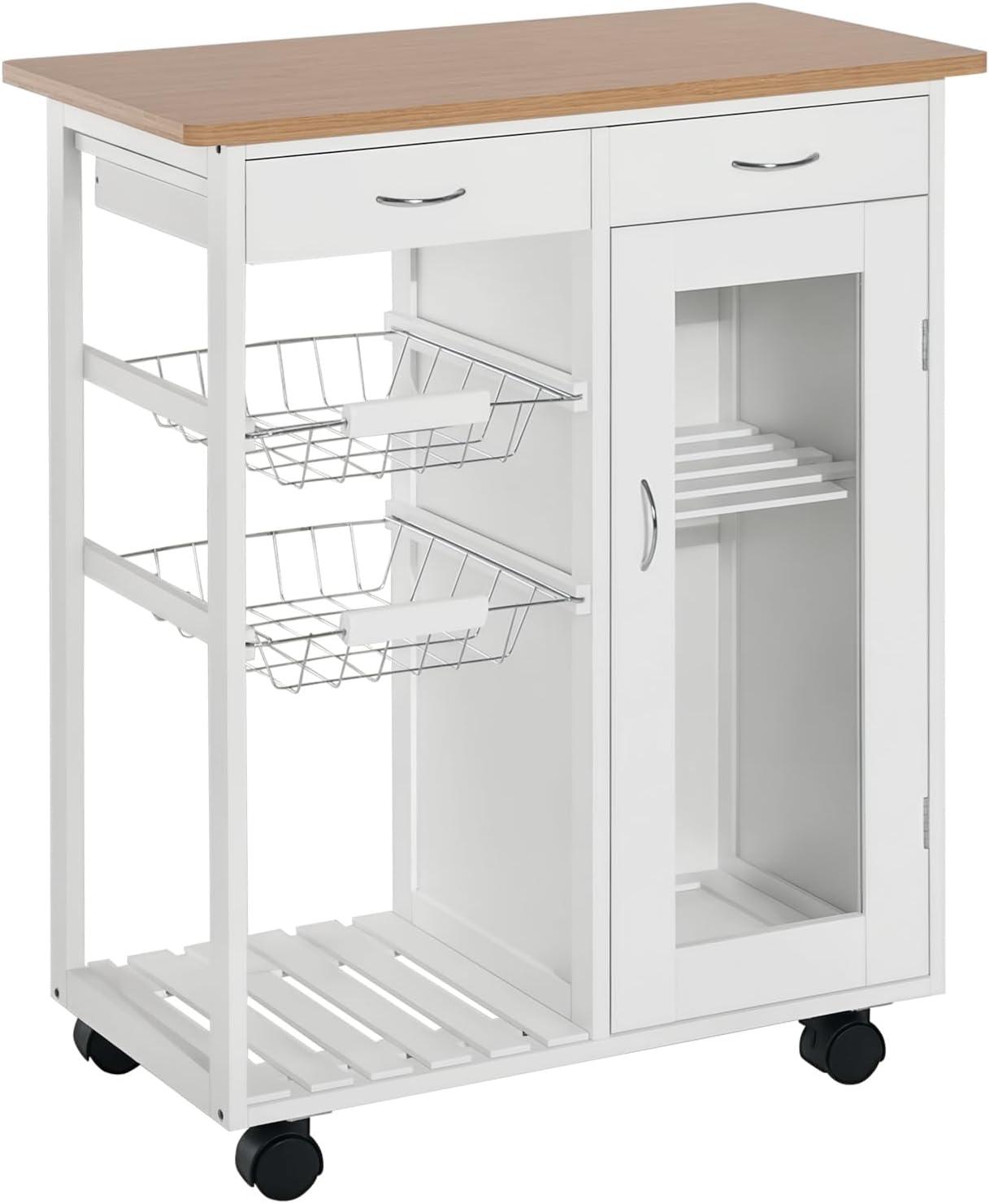 HOMCOM 28†Rolling Kitchen Trolley Serving Cart Storage Cabinet Bamboo Top with Wire Basket & Glass Door & Drawers - White