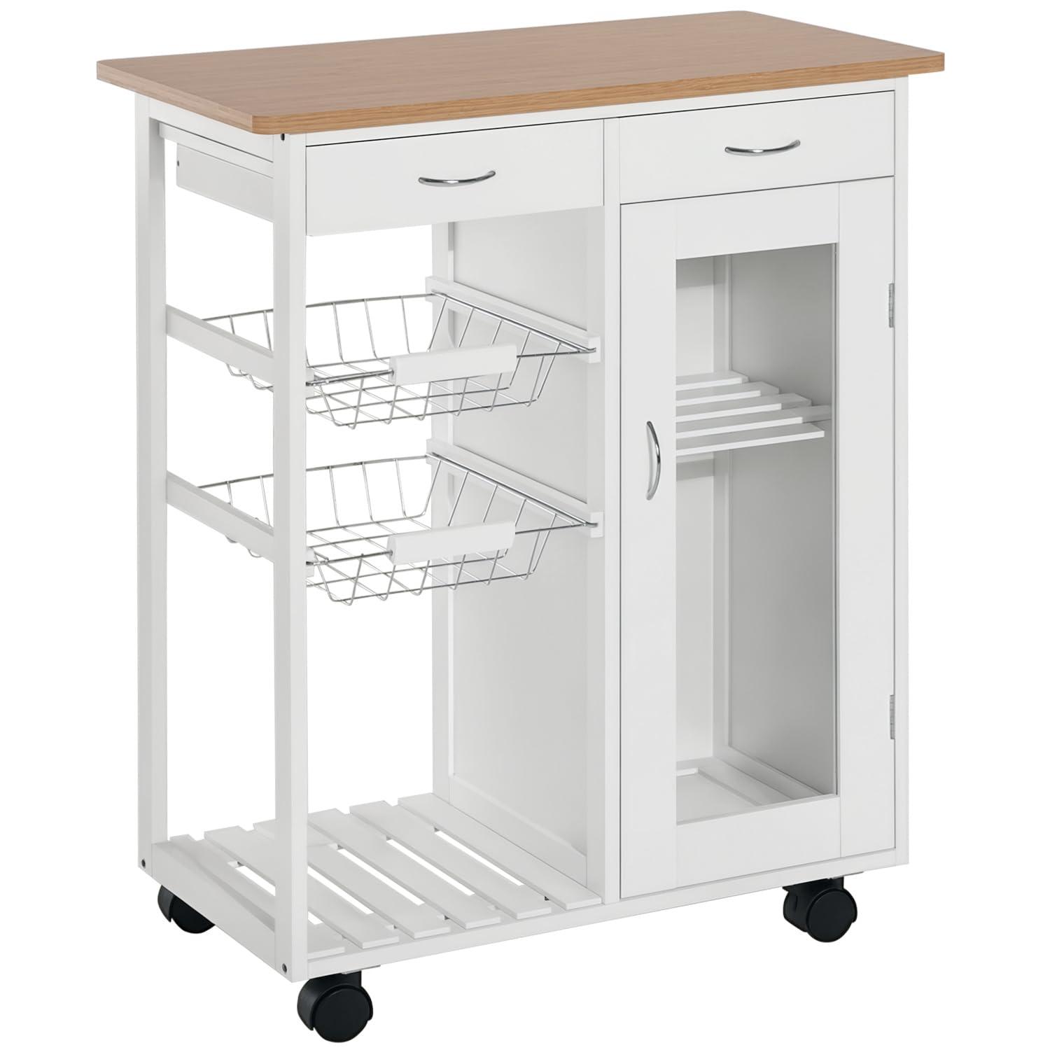 HOMCOM 28†Rolling Kitchen Trolley Serving Cart Storage Cabinet Bamboo Top with Wire Basket & Glass Door & Drawers - White