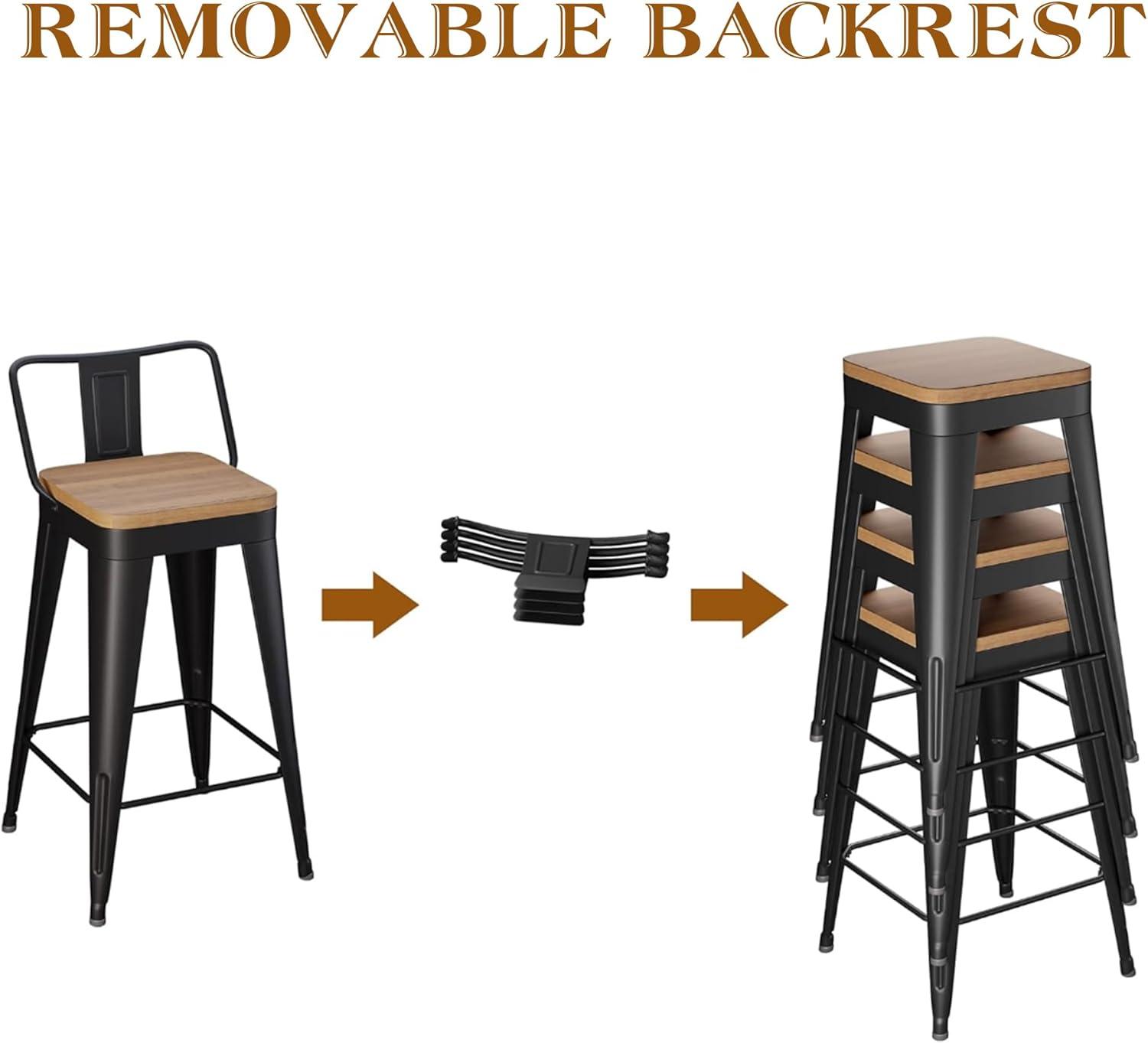 Bar Stools Set of 4 Metal Bar Stool Counter Height Bar Stools 26" Black Modern Bar Chairs with Back and Wooden Seat Bar Stools Counter Height