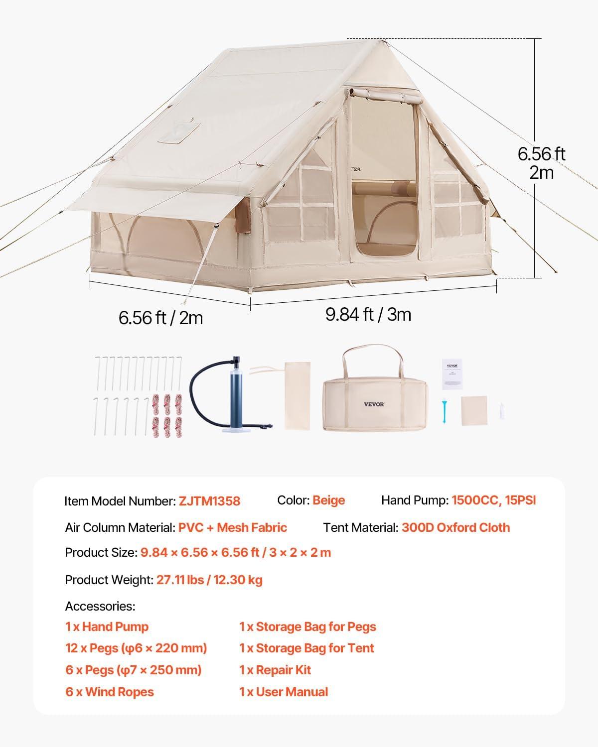 VEVOR Inflatable Tents for Camping, Easy Setup Blow up Tent with Hand Pump, 4 Season Glamping Tent with Stove Jack, Doors & Mesh Windows, Storage Bag Included for Easy Taking