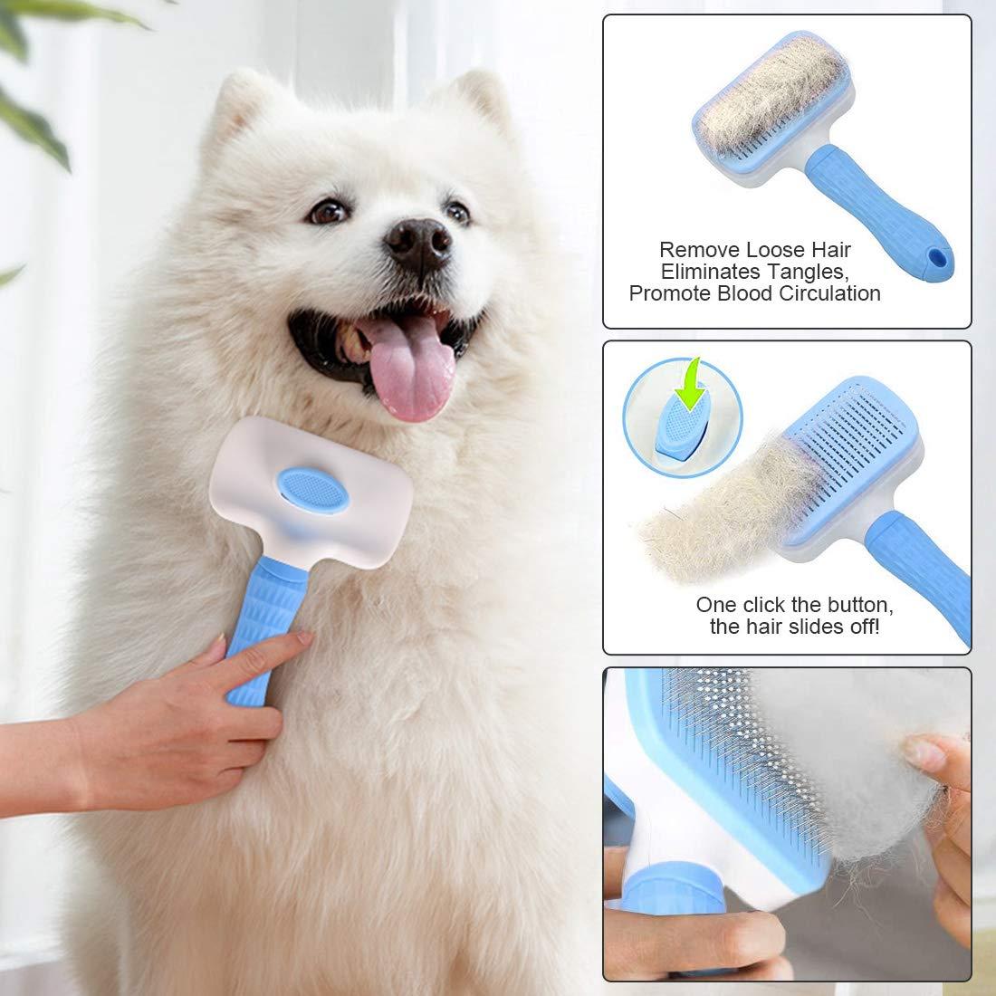 Atlamia Self Cleaning Slicker Brush,Dog Brush & Cat Brush with Massage Particles,Removes Loose hair & Tangles,Skin Friendly & Promote Circulation-Blue 1 C48