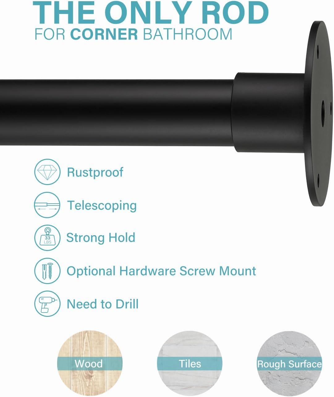 Adjustable Black Stainless Steel L-Shaped Shower Curtain Rod