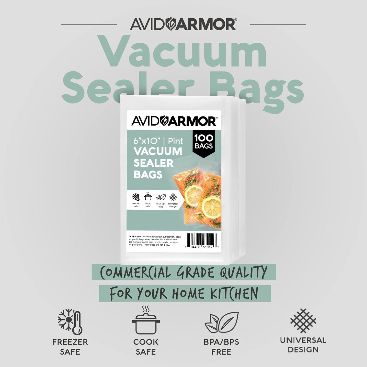 Avid Armor 6"x10" Vacuum Seal Bags, 100 Pre-Cut Pint Vacuum Sealer Bags, Compatible with Food Saver