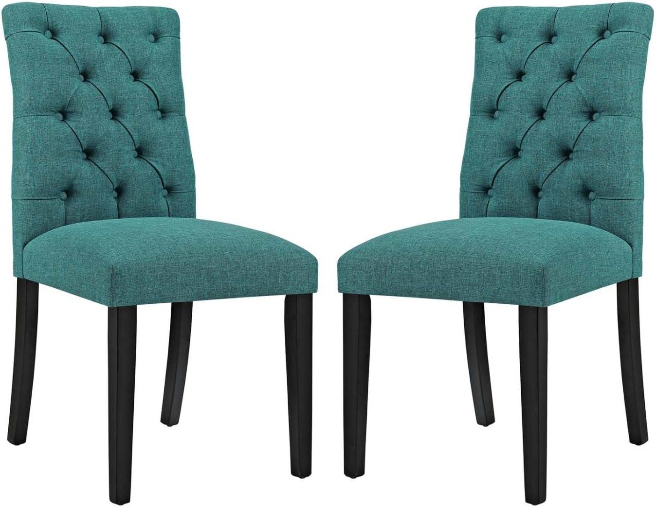 Teal Tufted Upholstered Dining Chairs with Wood Legs, Set of 2