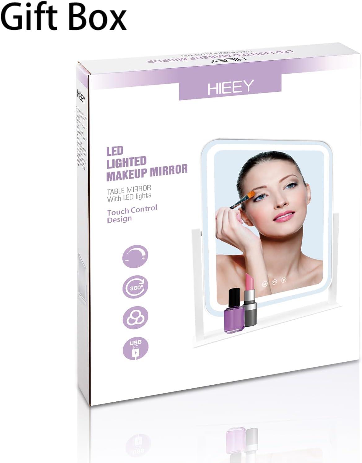 HIEEY Lighted Makeup Mirror, Hollywood Vanity Mirror with Lights, Three Color Lighting Modes, and 5X Magnification Mirror, Smart Touch Control, 360°Rotation (14.1in,White,Gift Box)
