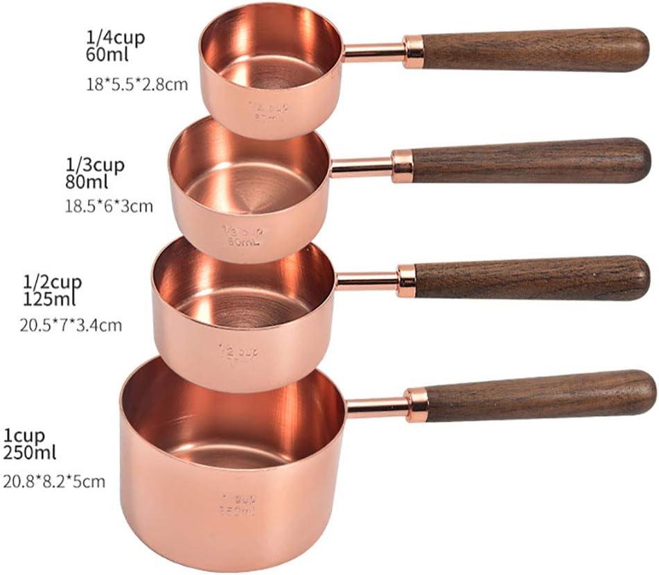 Set of 4 Stainless Steel Measuring Cups, Copper Plated Nesting Measuring Cup Set with Walnut Wood Handle for Dry and Liquid Ingredients (Cups Set: 1/4, 1/3, 1/2, 1 Cup)