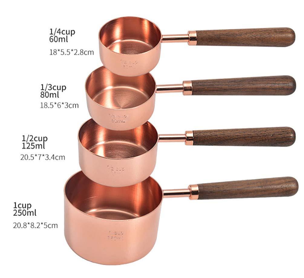 Set of 4 Stainless Steel Measuring Cups, Copper Plated Nesting Measuring Cup Set with Walnut Wood Handle for Dry and Liquid Ingredients (Cups Set: 1/4, 1/3, 1/2, 1 Cup)