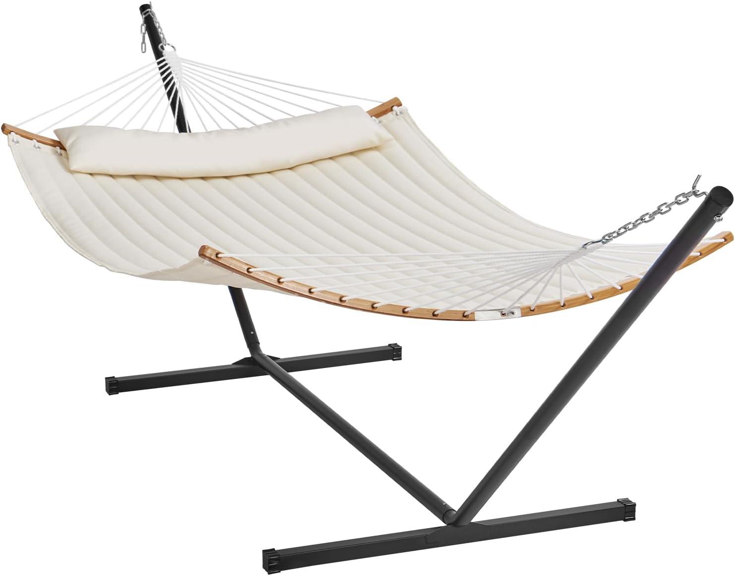 Cream Double Quilted Fabric Hammock with Bamboo Spreader Bars and Stand