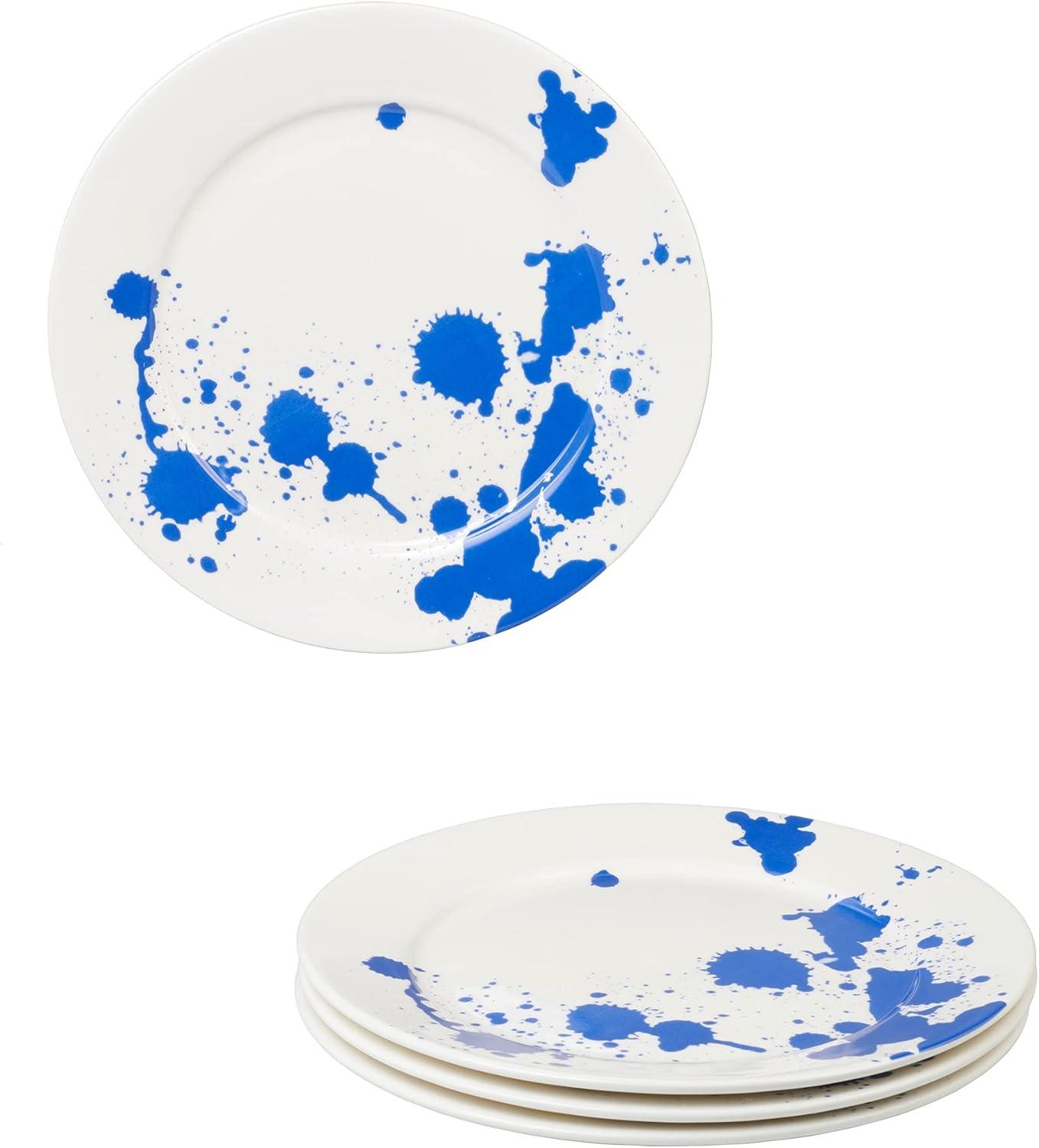 Servappetit Set of 4, 11" Dinner Plates, White With Splash of Blue, Oven, Microwave & Dishwasher Safe