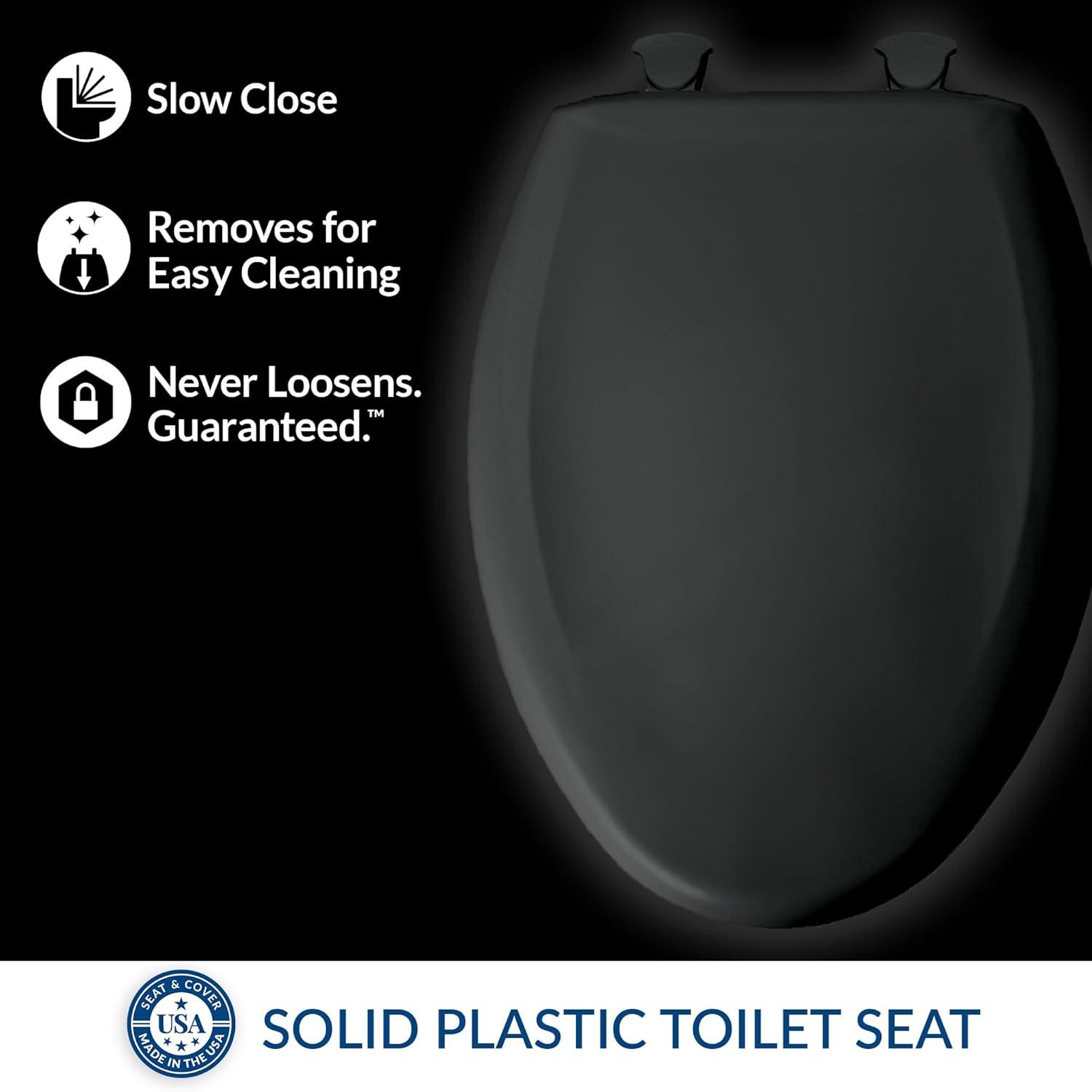 Bemis Classic Colors Slow Close Toilet Seat, Easy Clean Hinges and Durable Plastic Seat, Made in USA, Elongated, Black