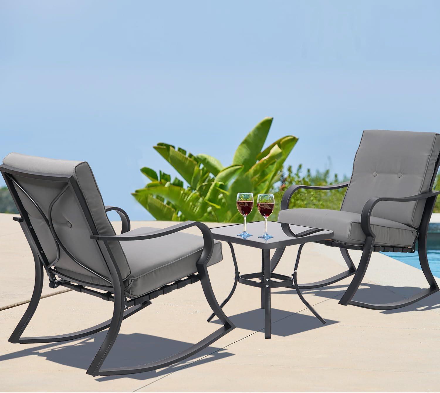 Crownland Outdoor Rocking Chairs Patio Furniture 3 Piece Patio Set Bistro Table Set Black Iron with Thickened Cushions and Glass Coffee Table, Grey