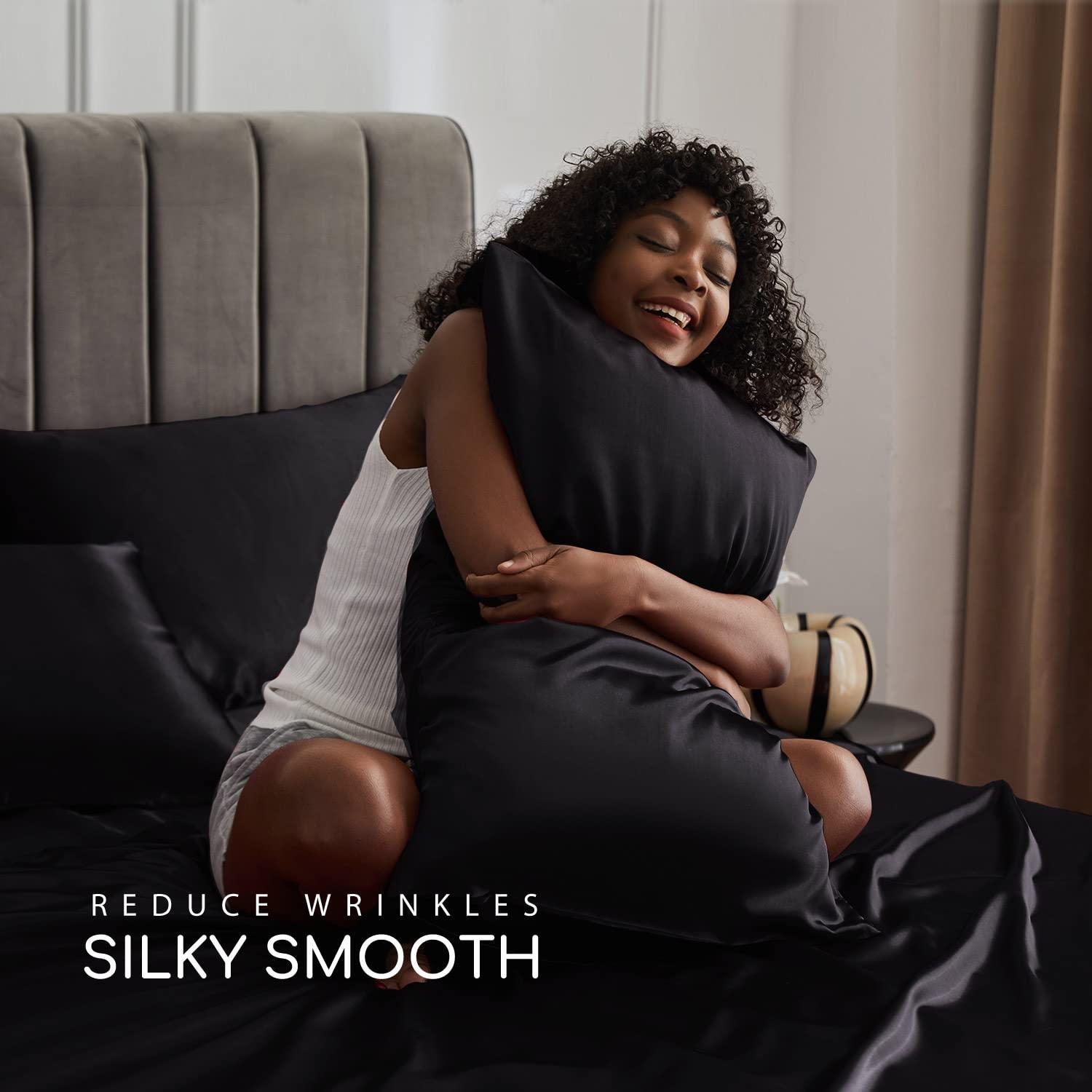 MR&HM Satin Sheet Set Queen 4 Pcs, Silky Elegant Luxurious Queen Size Bed Sheets, with Flat Sheet, Deep Pocket Fitted Sheet for Mattress and Matching Satin Pillow Cases (Queen Size, Black)