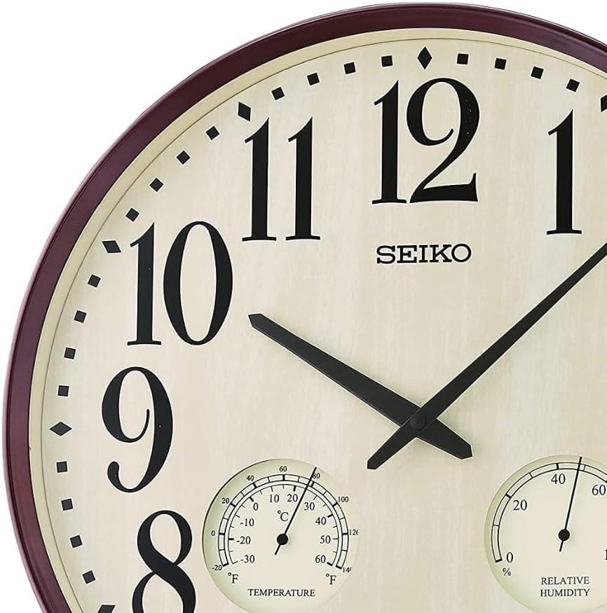 Seiko 16'' Brown Frame Wall Clock with Thermometer and Hygrometer