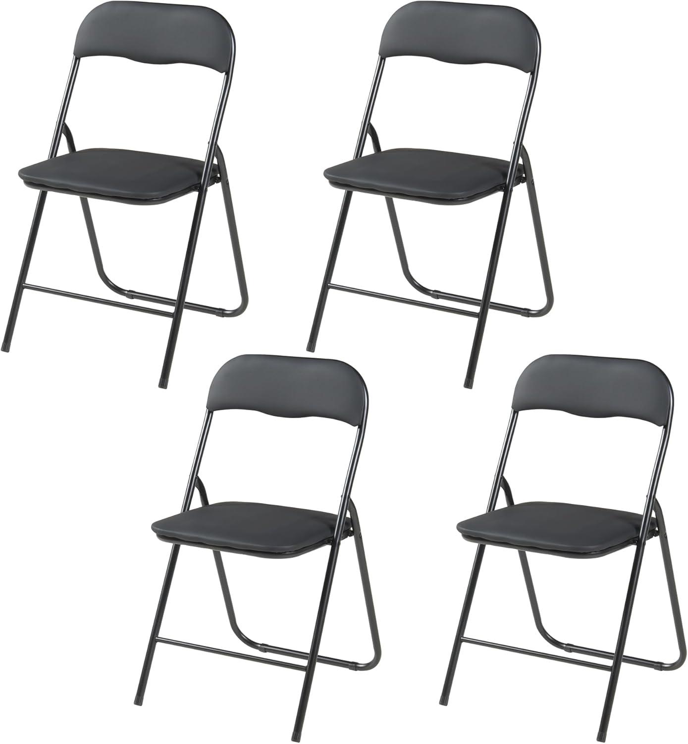 Black Metal Foldable Office Chairs with PU Leather Padding, 4 Pack