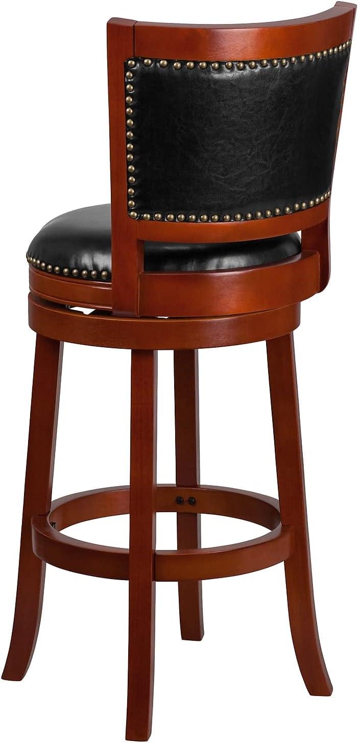 Elegant Light Cherry Wood Barstool with Black Leather Swivel Seat